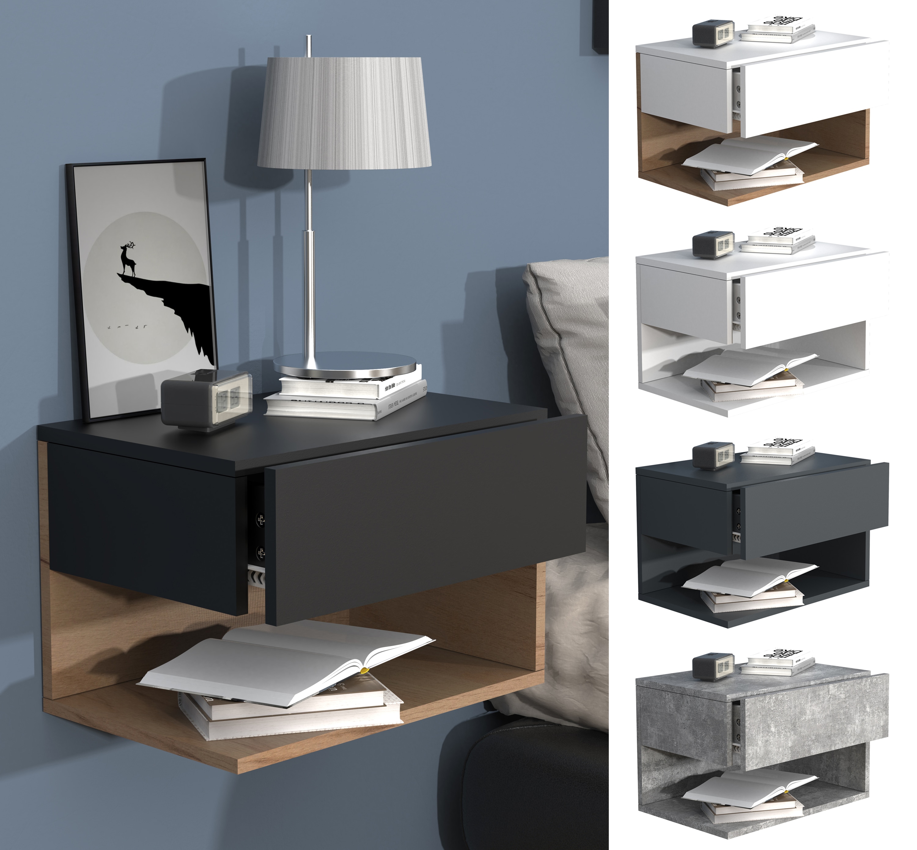 VCM Nachtschrank | Wandschublade | Wandboard | Nachttisch | Ma&szlig;e ca. H. 30 x B. 45 x T. 32 cm - Usal XL 45 cm - Bild 1