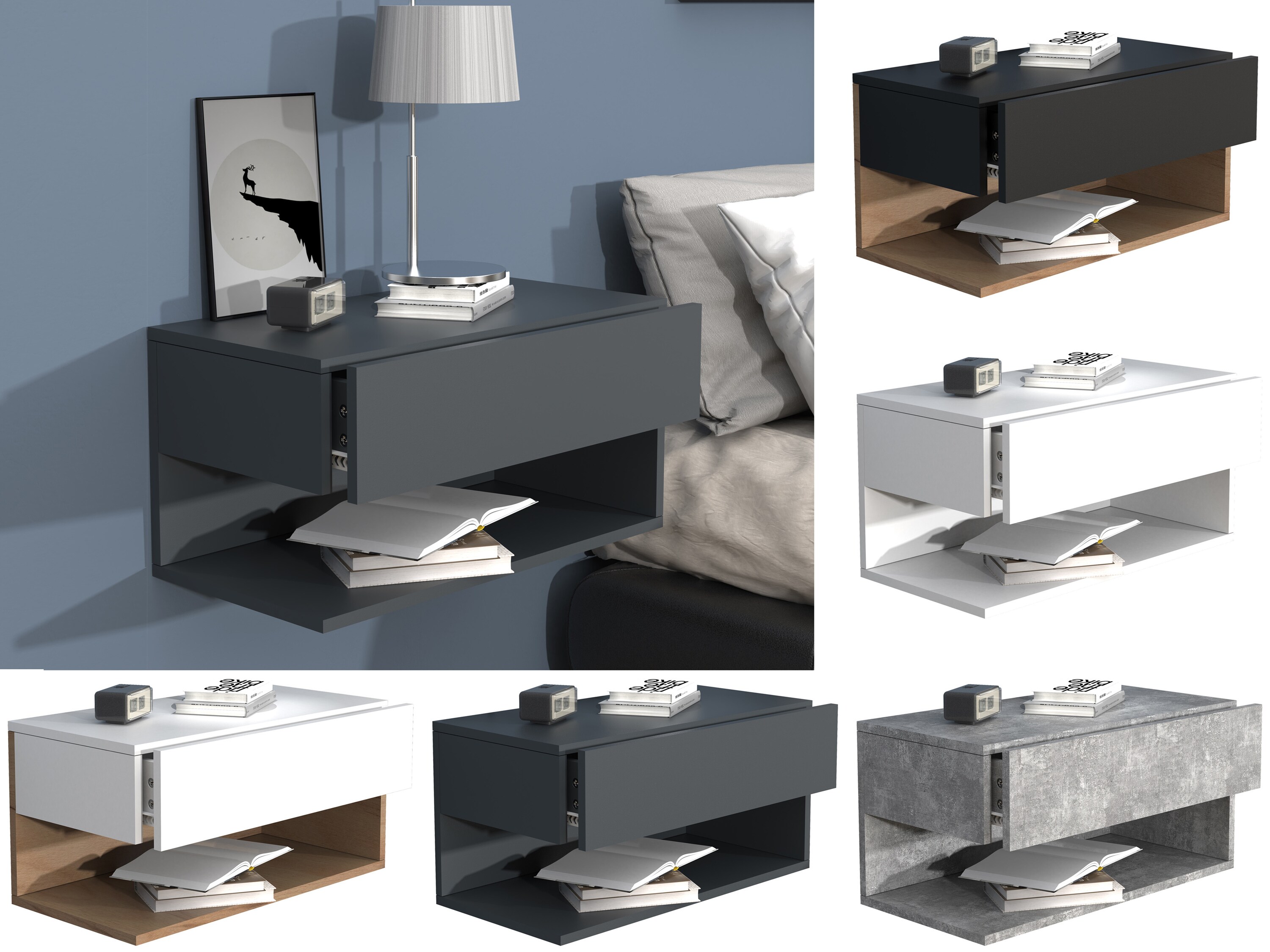 VCM Nachtschrank | Wandschublade | Wandboard | Nachttisch |Ma&szlig;e ca. H. 30 x B. 60 x T. 32 cm - Usal XL 60 cm - Bild 1