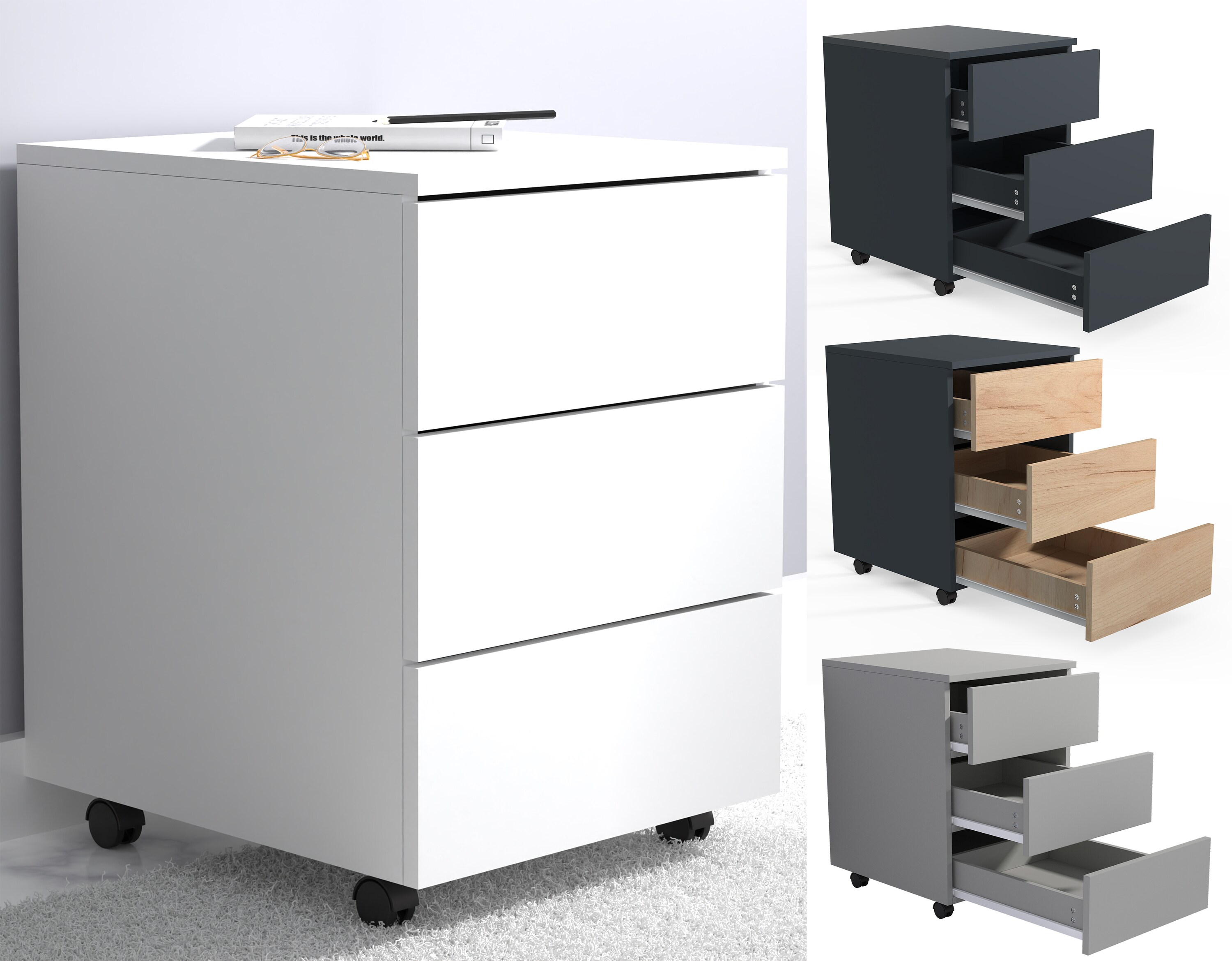 VCM Rollcontainer | Beistellcontainer mit Schubladen | Ma&szlig;e ca. H. 55 x B. 39 x T. 45 cm | B&uuml;rocontainer - Dalosa 3 Schubladen - Bild 1