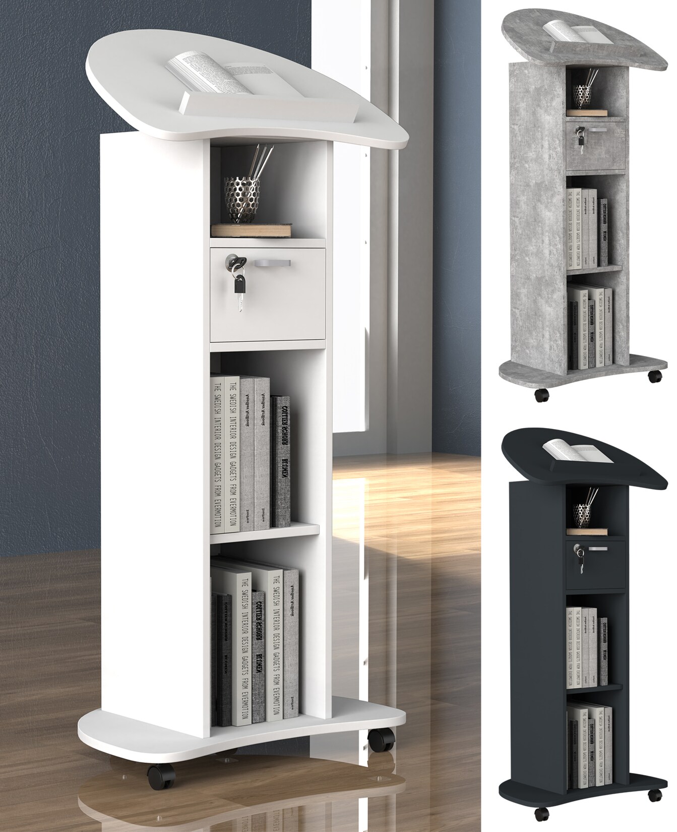 VCM Holz mobiles Rednerpult   Maße ca. H. 110 bis 120 cm x B. 56 cm x T. 37 cm   rollbar mit Schublade   Stehpult   Stehtisch – Redola | 04051814419737