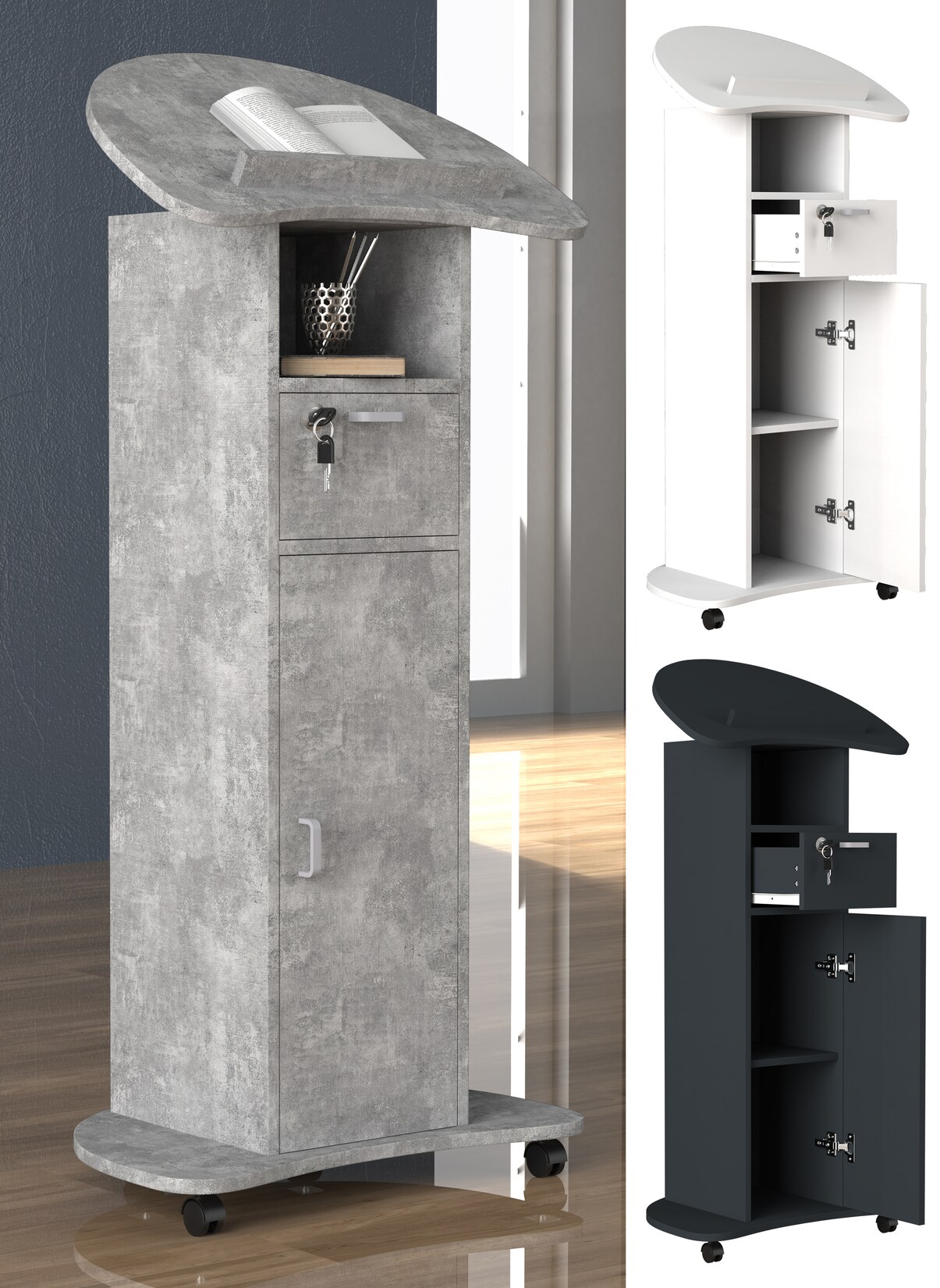 VCM Holz mobiles Rednerpult   Maße ca. H. 110 bis 120 cm x B. 56 cm x T. 37 cm   rollbar mit Schublade   Stehpult   Stehtisch mit Tür – Redola | 04051814419744