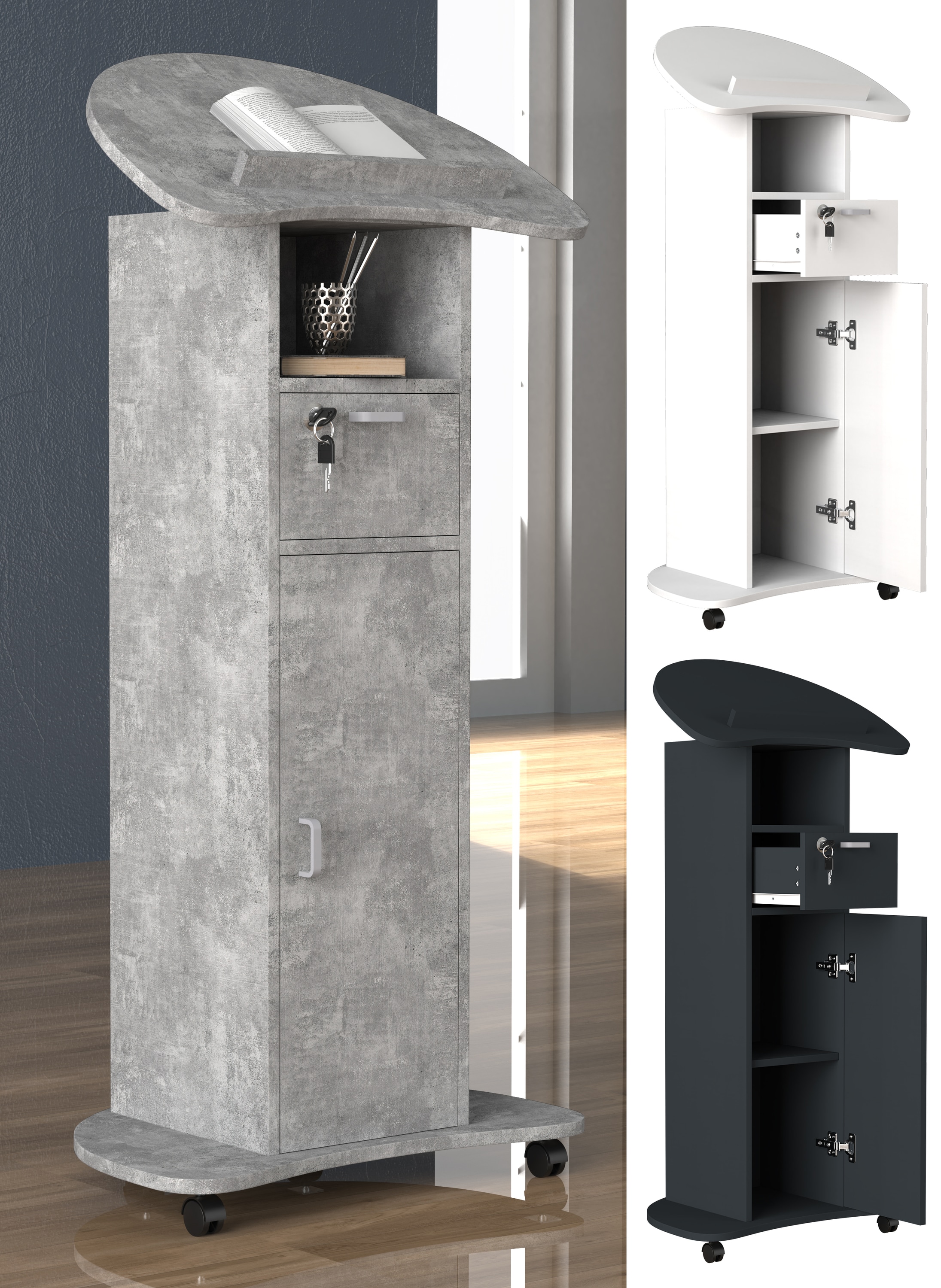 VCM Holz mobiles Rednerpult | Ma&szlig;e ca. H. 110 bis 120 cm x B. 56 cm x T. 37 cm | rollbar mit Schublade | Stehpult | Stehtisch mit T&uuml;r - Redola - Bild 1