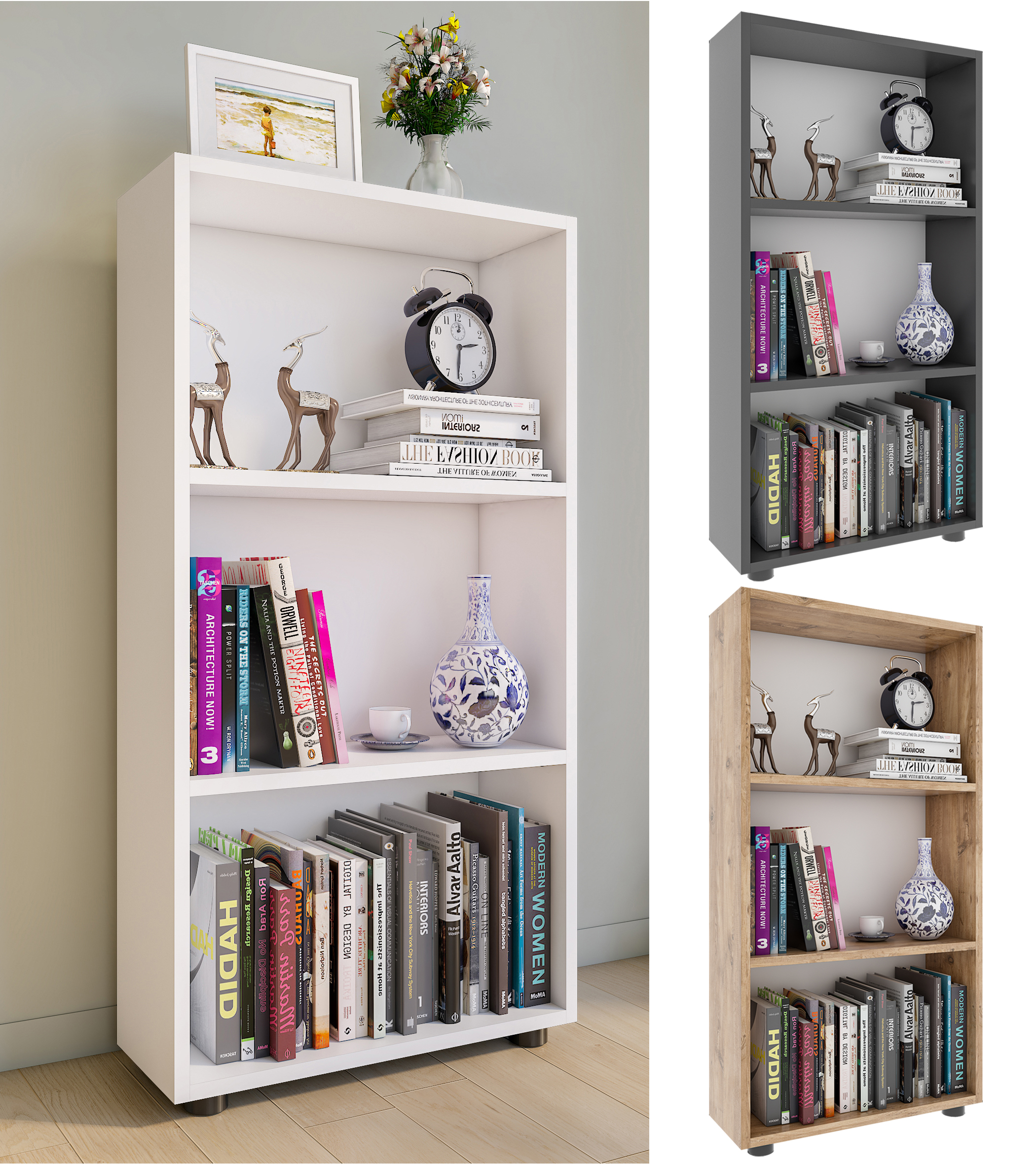 VCM Holzregal stehend | platzsparender B&uuml;cherregal | Ma&szlig;e ca. H. 108 x B. 56 x T. 20 cm | Elegante Aufbewahrung | Regal &ndash; Bulas 3 F&auml;cher - Bild 1