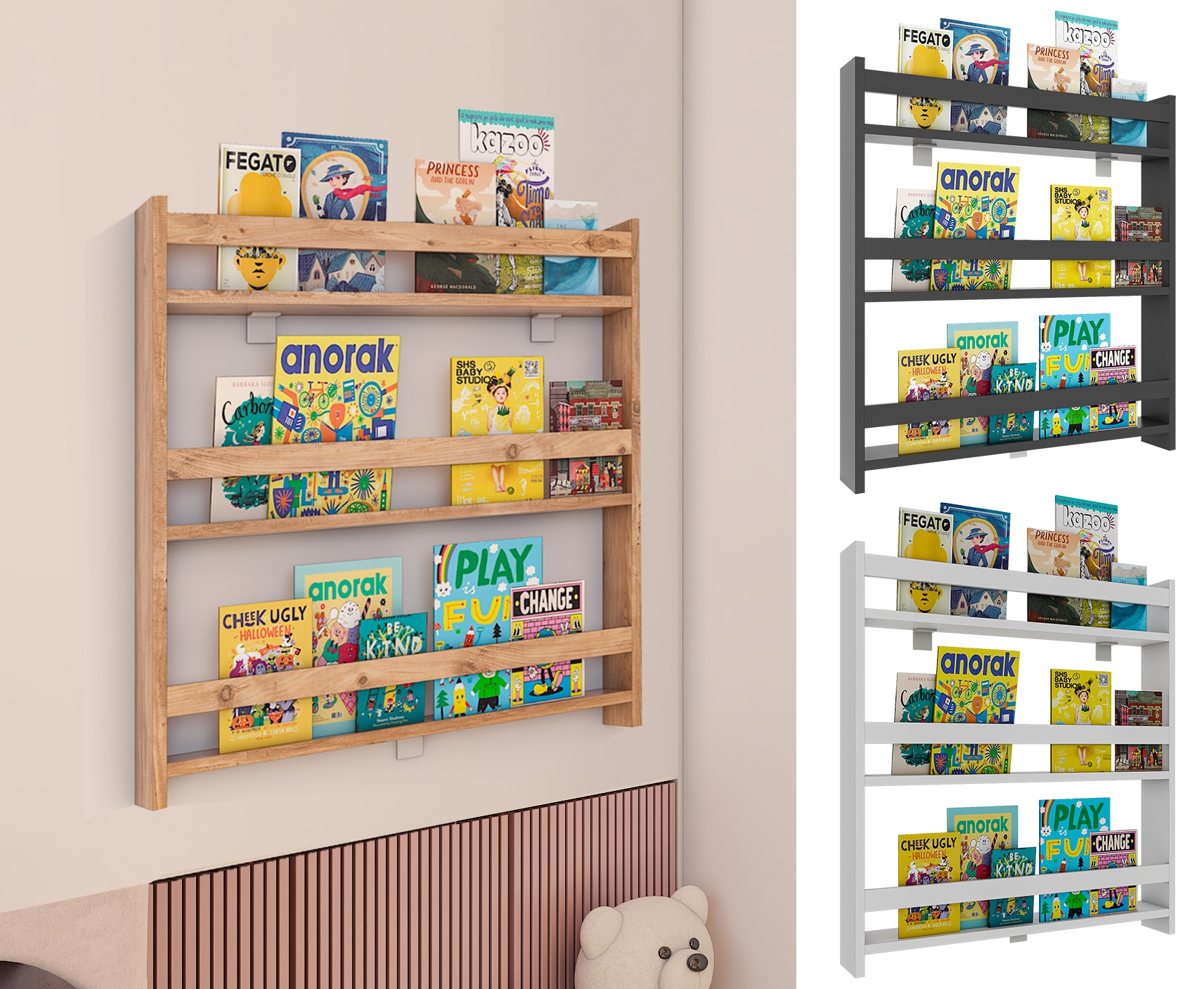 VCM Holzregal h&auml;ngend | platzsparendes Kinder Regal | Ma&szlig;e: H. 80 x B. 70 x T. 10 cm | Elegantes Regal h&auml;ngend | Aufbewahrungsregal | B&uuml;cherregal | Wandboard - Kidos - Bild 1