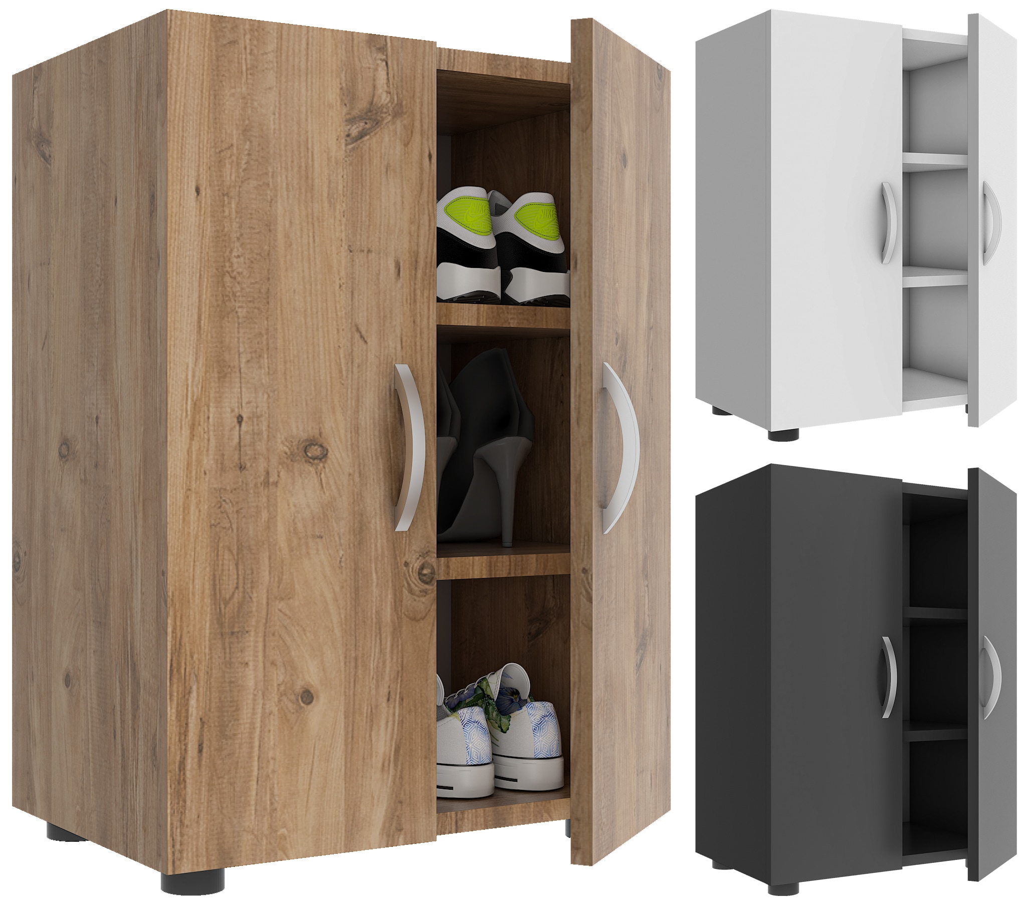 VCM Holz Schuhschrank | Ma&szlig;e: H. 74 x B. 49 x T. 30 cm | Allzweckschrank | 3 F&auml;cher | 2 Dreht&uuml;ren - Ulas - Bild 1