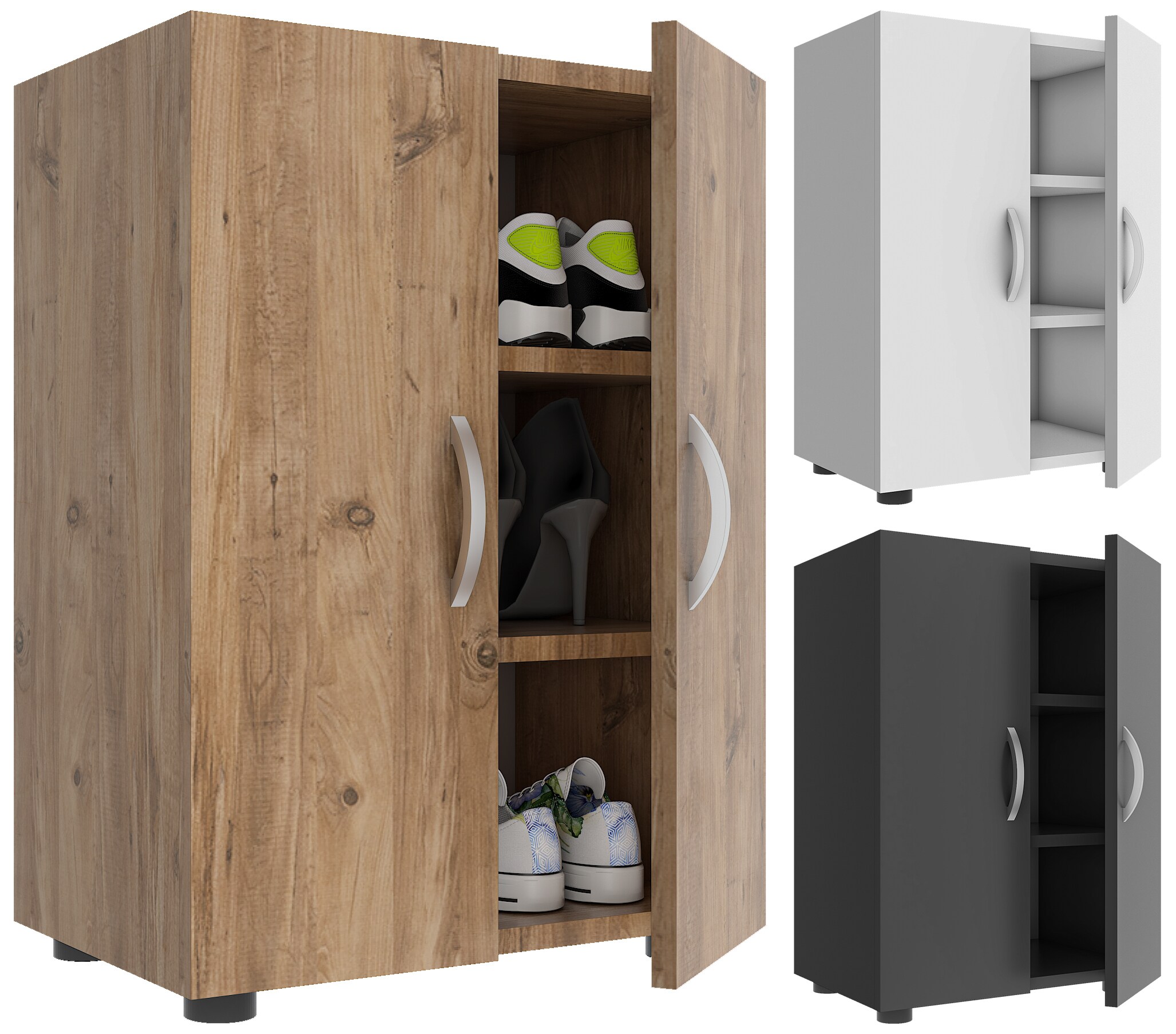 VCM Holz Schuhschrank | Ma&szlig;e: H. 74 x B. 49 x T. 30 cm | Allzweckschrank | 3 F&auml;cher | 2 Dreht&uuml;ren - Ulas - Bild 1