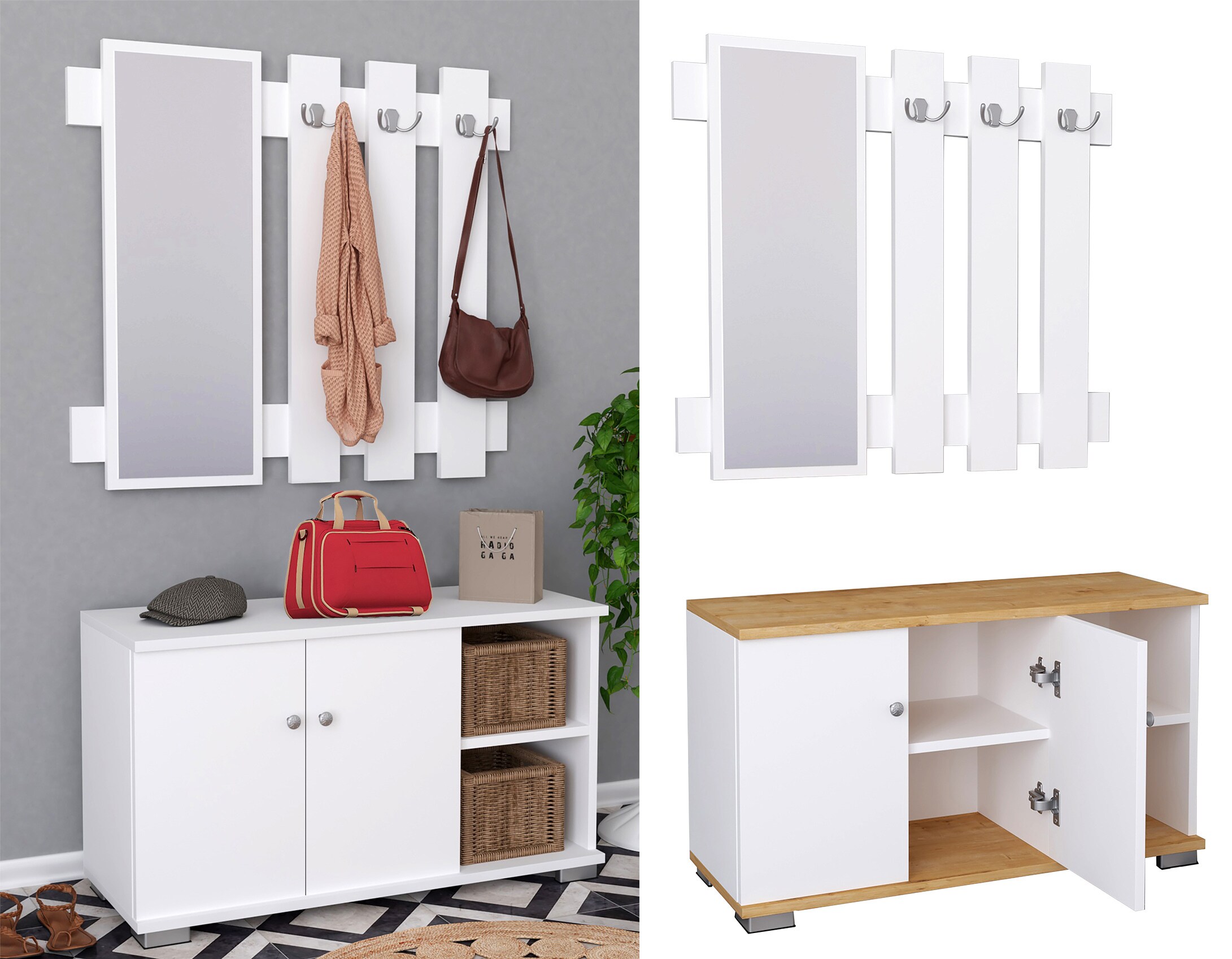 VCM Holz Sitzbank | 2-tlg.-Set | Schuhschrank | Ma&szlig;e: H. 82 x B. 90 x T. 33 cm | Wandpaneel mit 3 Haken und einem Spiegel| 2 Dreht&uuml;ren | 2 F&auml;cher | 2 offene F&auml;cher - Gados XL - Bild 1