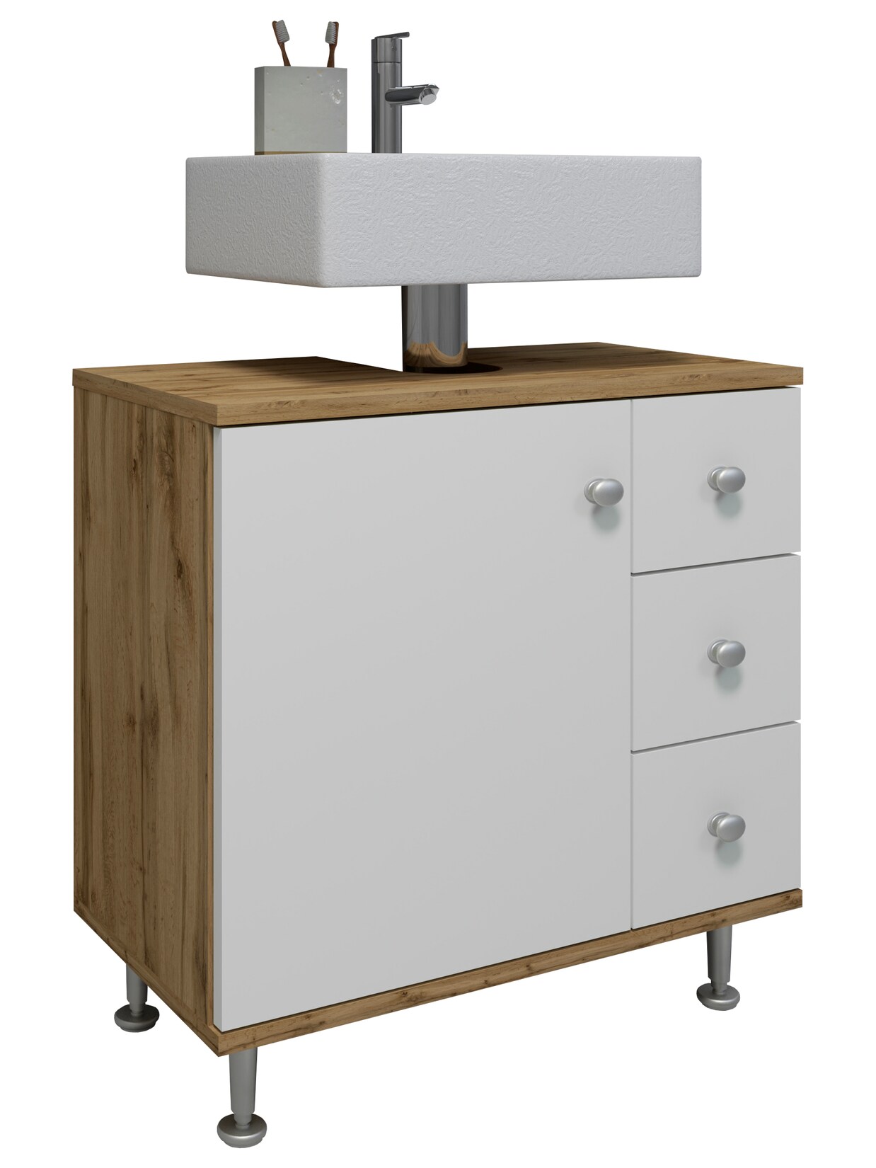 VCM Holz Waschbeckenunterschrank   Badschrank   Maße: H. 61 x B. 60 x T. 33 cm   1 große Drehtür   3 kleine Schubladen   4 hohe Füße – Nilosi M | 04051814421990