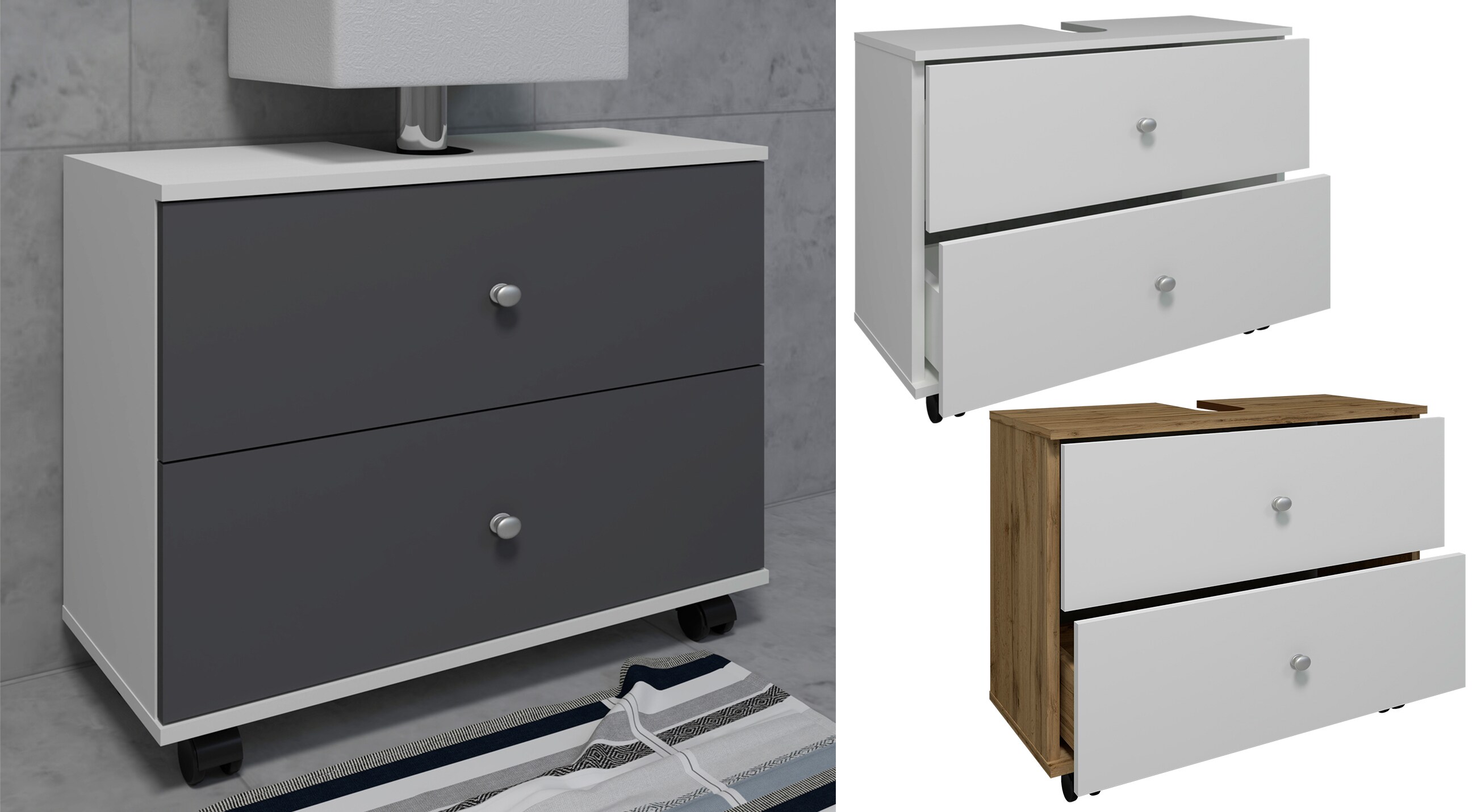 VCM Holz Waschbeckenunterschrank | Badschrank | Ma&szlig;e: H. 61 x B. 60 x T. 33 cm | 2 gro&szlig;e Schubladen | 4 Rollen - Nilosi L - Bild 1