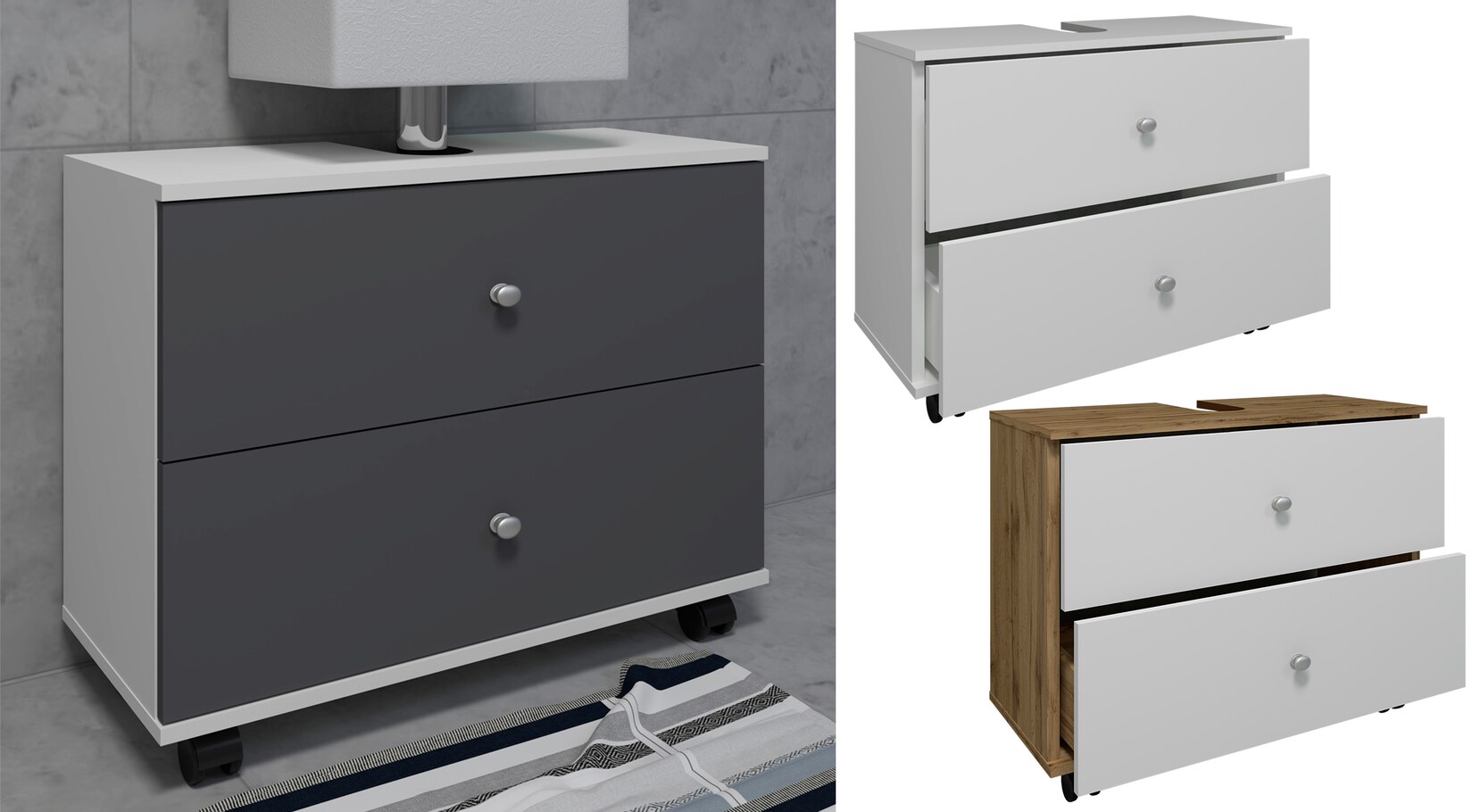 VCM Holz Waschbeckenunterschrank   Badschrank   Maße: H. 61 x B. 60 x T. 33 cm   2 große Schubladen   4 Rollen – Nilosi L | 04051814422065