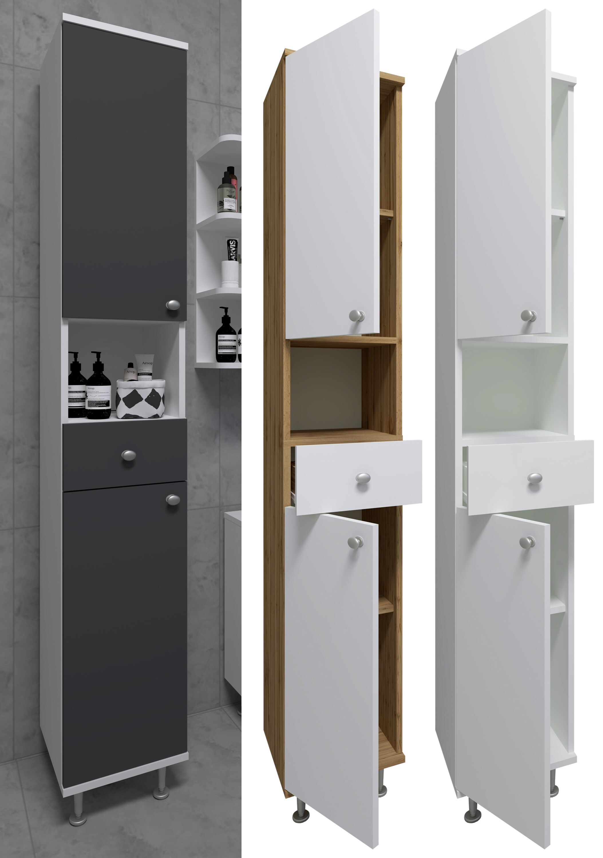 VCM Holz Badezimmerschrank | Badm&ouml;bel | Hochschrank | Badschrank | Ma&szlig;e ca. H. 185 x B. 30 x T. 31 cm - Nilosi - Bild 1