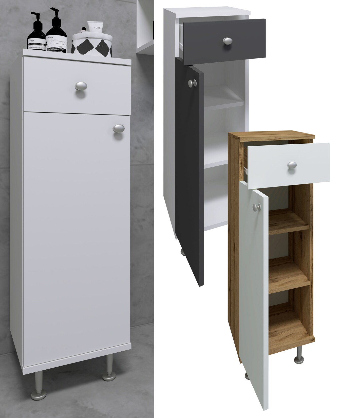 VCM Holz Midischrank   Badschrank   Maße: H. 95 x B. 30 x T. 30 cm   1 Schublade   1 Drehtür   3 Fächer – Nilosi | 04051814422126