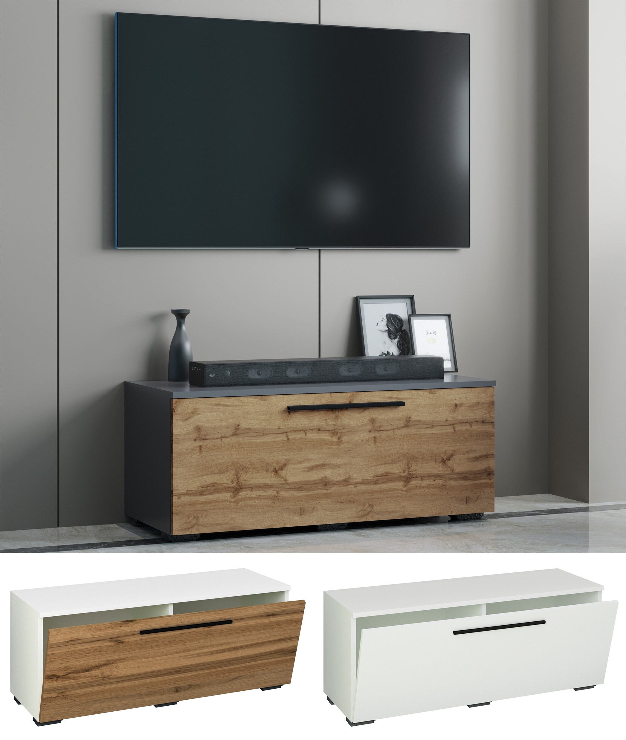 VCM TV M&ouml;bel | Lowboard | Fernsehschrank mit breiter Klappt&uuml;r | Ma&szlig;e H. 39 x B. 95 x T. 40 cm | Fernseh M&ouml;bel &ndash; Arila S - Bild 1
