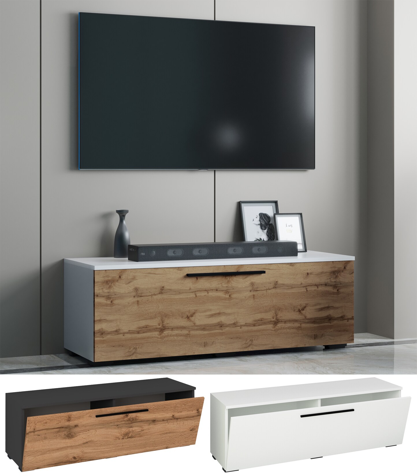 VCM TV Möbel Lowboard Fernsehschrank mit breiter Klapptür Maße H. 39 x B. 115 x T. 40 cm Fernseh Möbel – Arila M