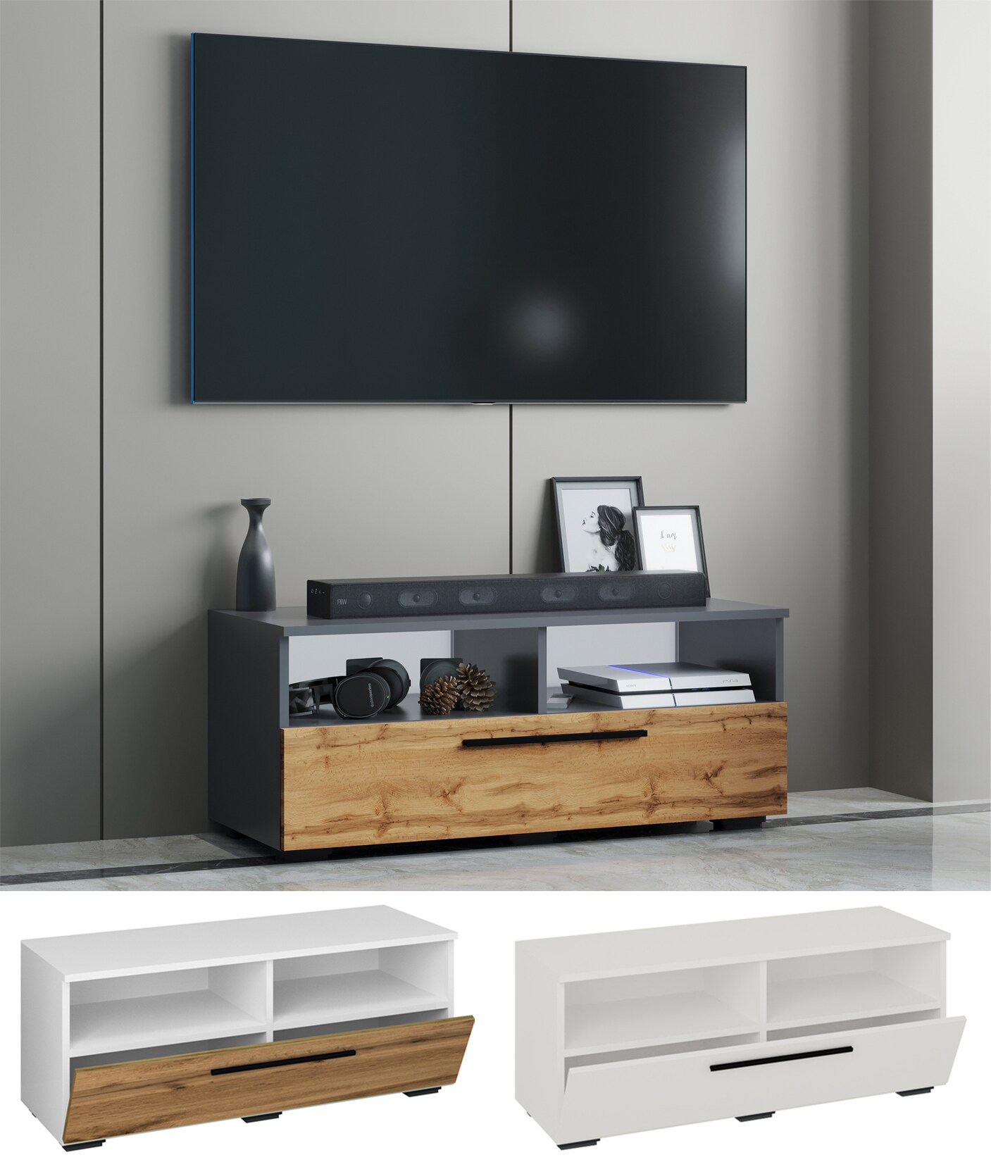 VCM TV Möbel Lowboard Fernsehschrank mit ausreichend Stauraum Maße H. 39 x B. 95 x T. 40 cm Fernseh Möbel – Arila L