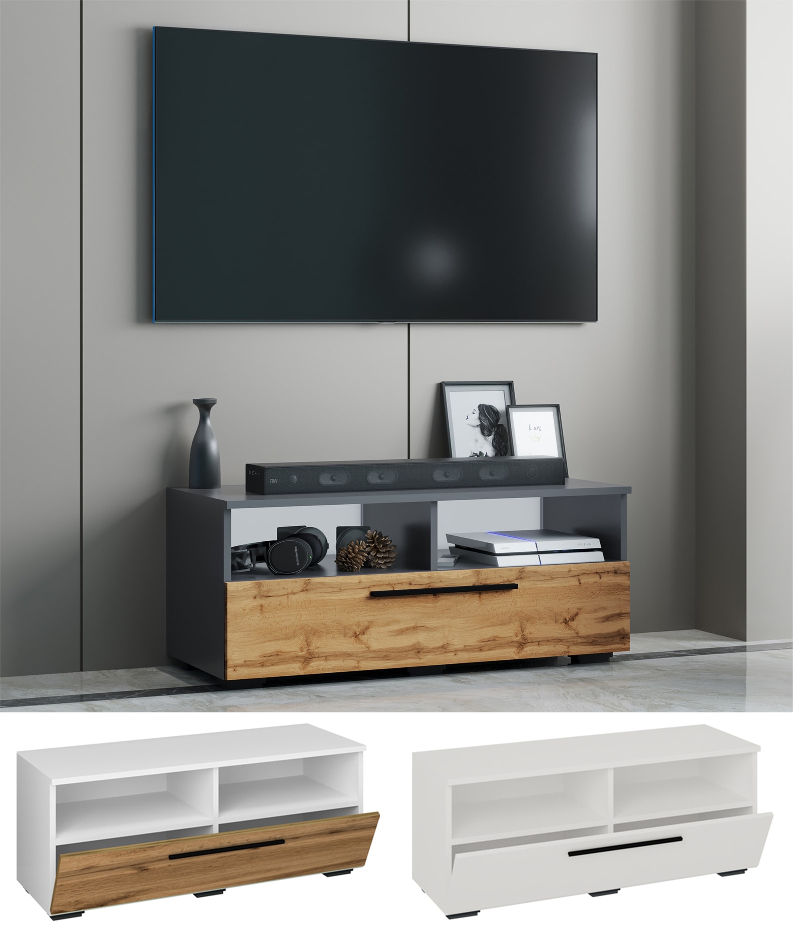 VCM TV M&ouml;bel | Lowboard | Fernsehschrank mit ausreichend Stauraum | Ma&szlig;e H. 39 x B. 115 x T. 40 cm | Fernseh M&ouml;bel &ndash; Arila XL - Bild 1
