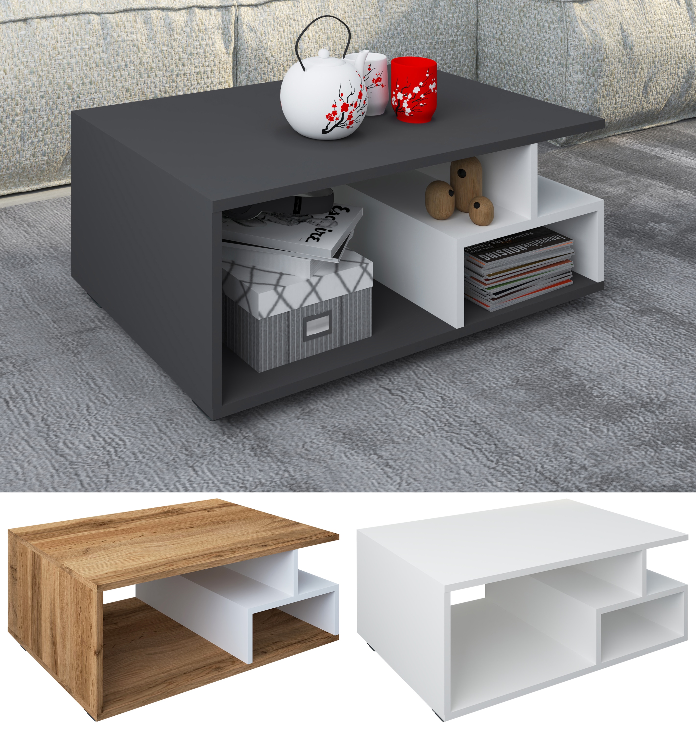 VCM Holz Couchtisch | Sofatisch mit ausreichend Stauraum | Ma&szlig;e ca. H. 40 x B. 80 x T. 50 cm | Wohnzimmertisch - Sulas - Bild 1