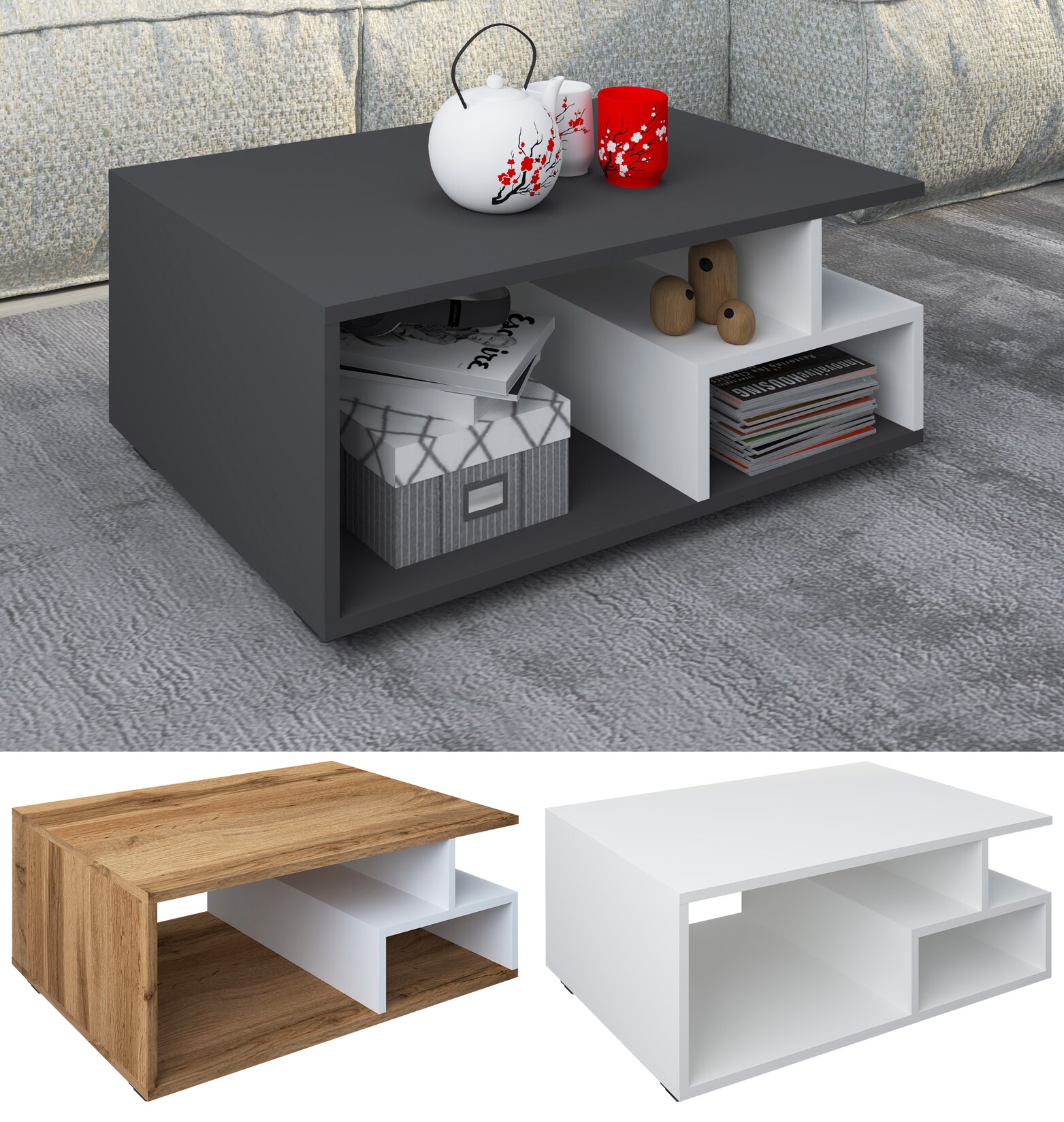 VCM Holz Couchtisch Sofatisch mit ausreichend Stauraum Maße ca. H. 40 x B. 80 x T. 50 cm Wohnzimmertisch - Sulas