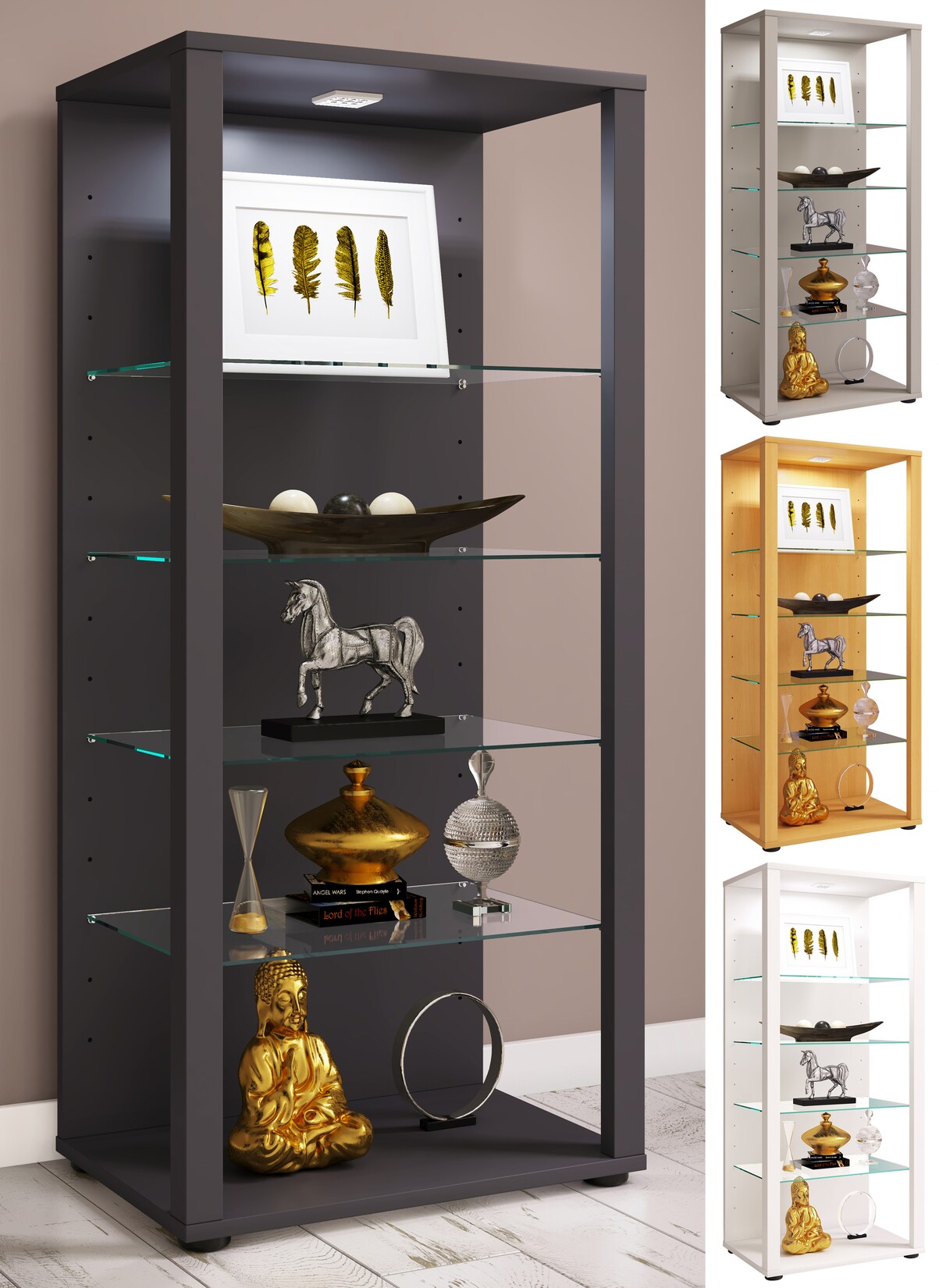 VCM Glasvitrine stehend Vitrine Glas mit ESG-Sicherheitsglas Maße ca. H. 115 x B. 52 x T. 35 cm Standvitrine Glas Modern und platzsparend Glas Vitrinenschrank – Glasol lll