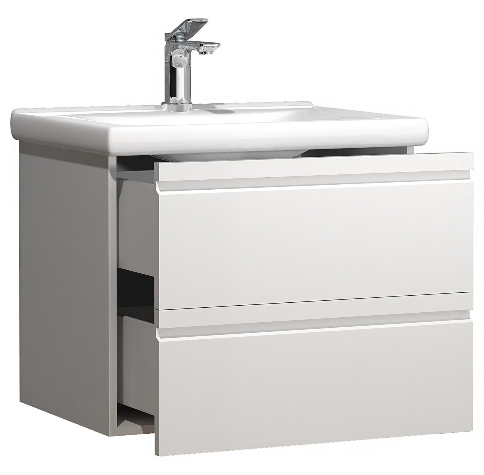 VCM 2-tlg. Waschplatz Waschtisch 60 cm Badmöbel Set mit Keramik Waschbecken grifflose Schubladen Komplettset Silora L
