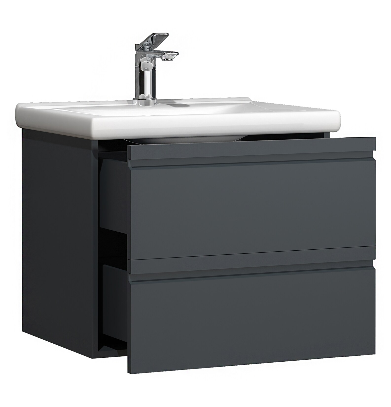 VCM 2-tlg. Waschplatz Waschtisch 60 cm Badmöbel Set mit Keramik Waschbecken grifflose Schubladen Komplettset Silora L