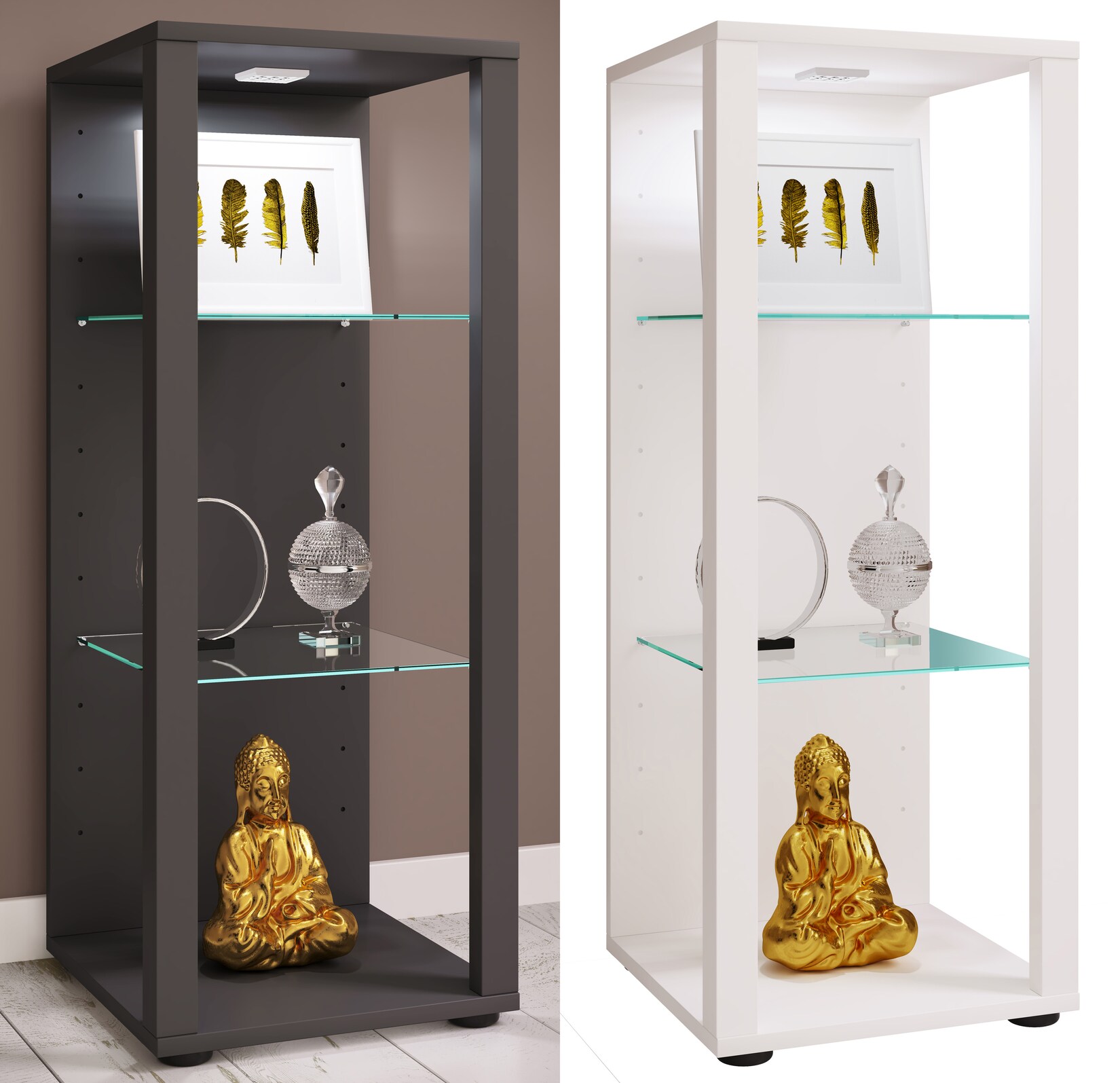 VCM Glasvitrine stehend Vitrine Glas mit ESG-Sicherheitsglas Maße ca. H. 90 x B. 35 x T. 35 cm Standvitrine Glas Modern und platzsparend Glas Vitrinenschrank – Glasol M