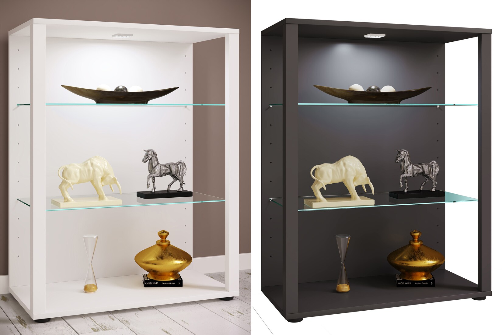 VCM Glasvitrine stehend   Vitrine Glas mit ESG-Sicherheitsglas   Maße ca. H. 90 x B. 70 x T. 35 cm   Standvitrine Glas   Modern und platzsparend   Glas Vitrinenschrank –  Glasol L