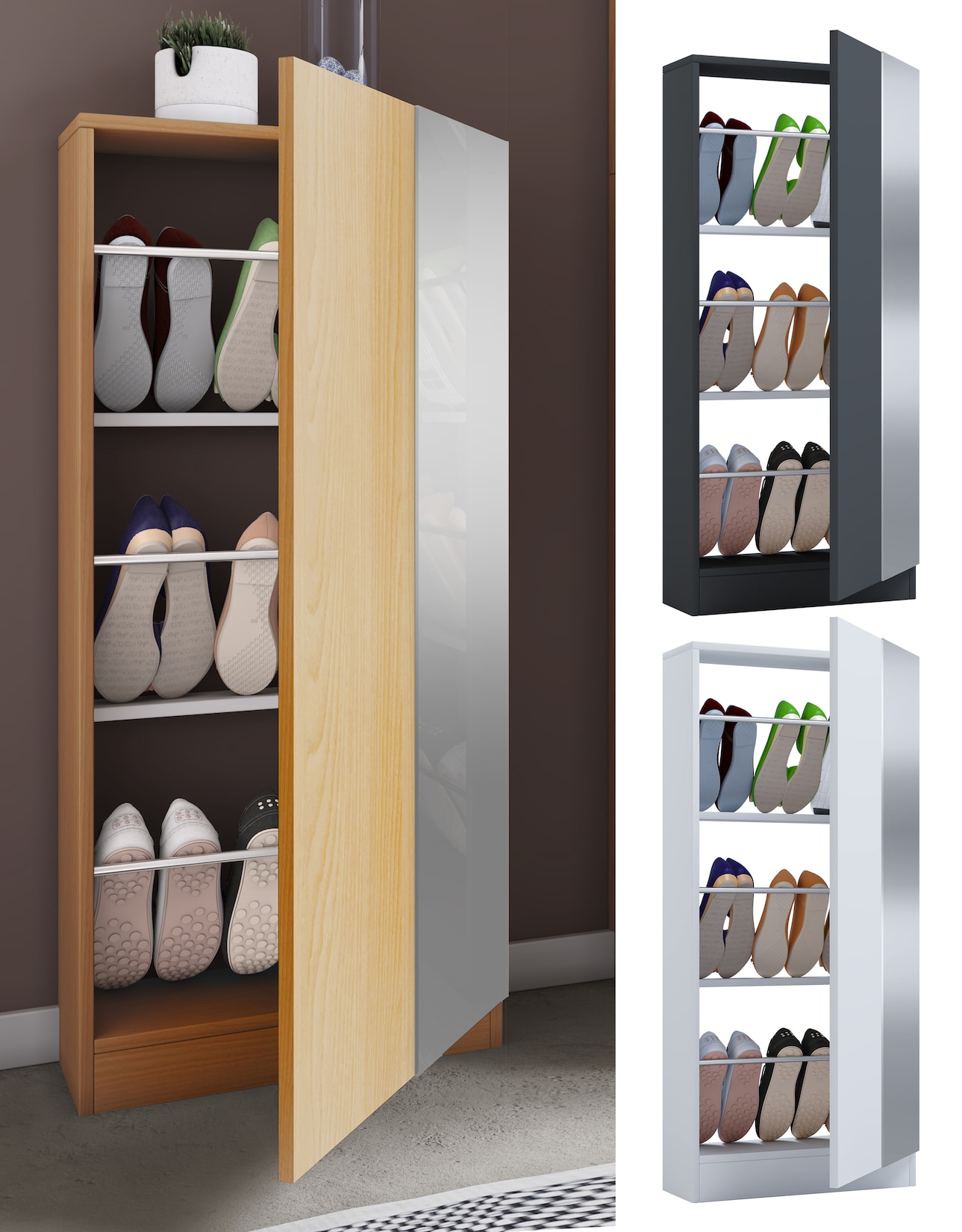 VCM Holz Schuhschrank Maße: H. 112 x B. 50 x T. 17 cm 1 Drehtür praktischer Spiegel - Fulisa L Spiegel