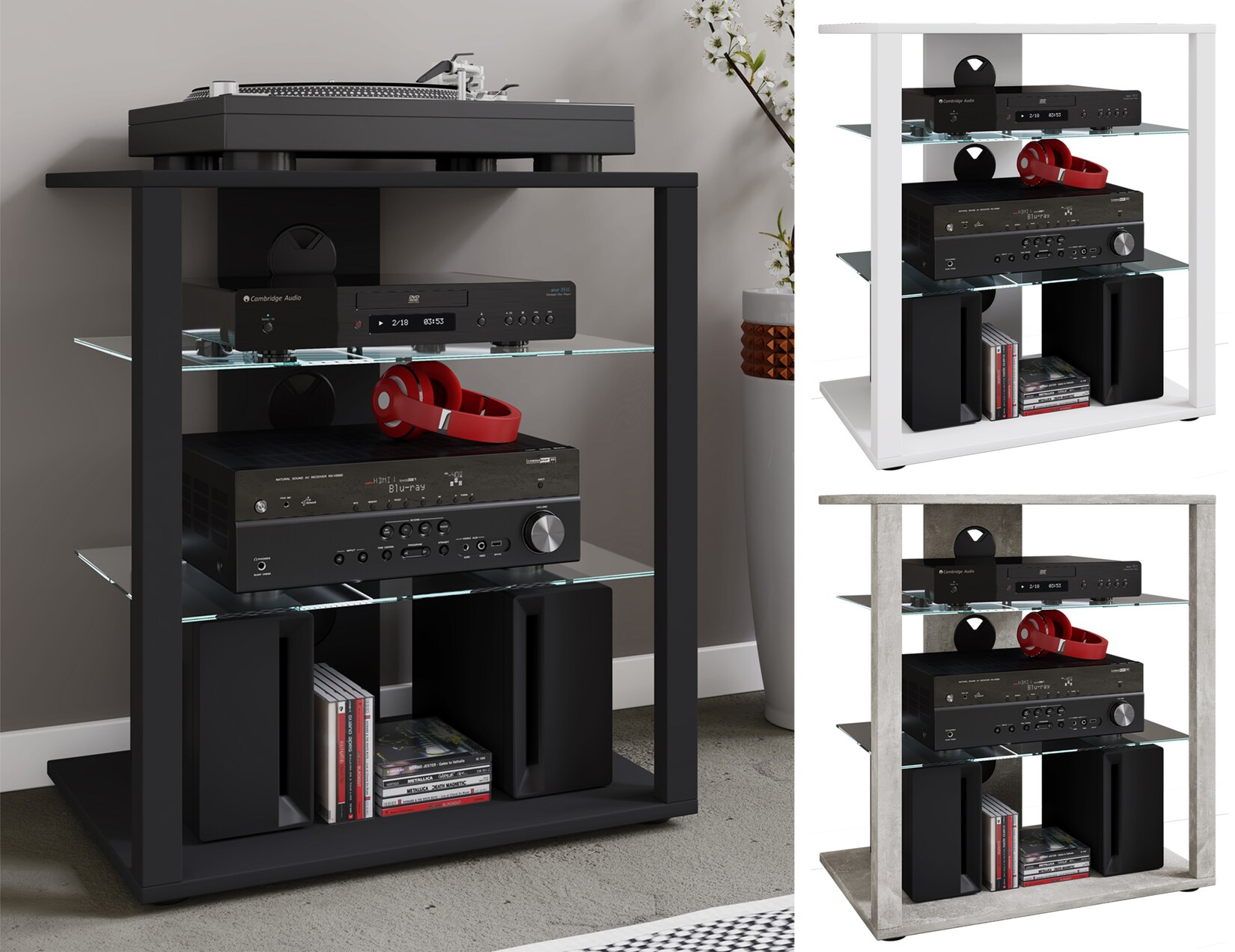 VCM Hifi Holz Möbel Rack Schrank Phono Regal 2 Glasböden Maße: H. 70 x B. 60 x T. 41 cm Phono Mediaregal - Folas