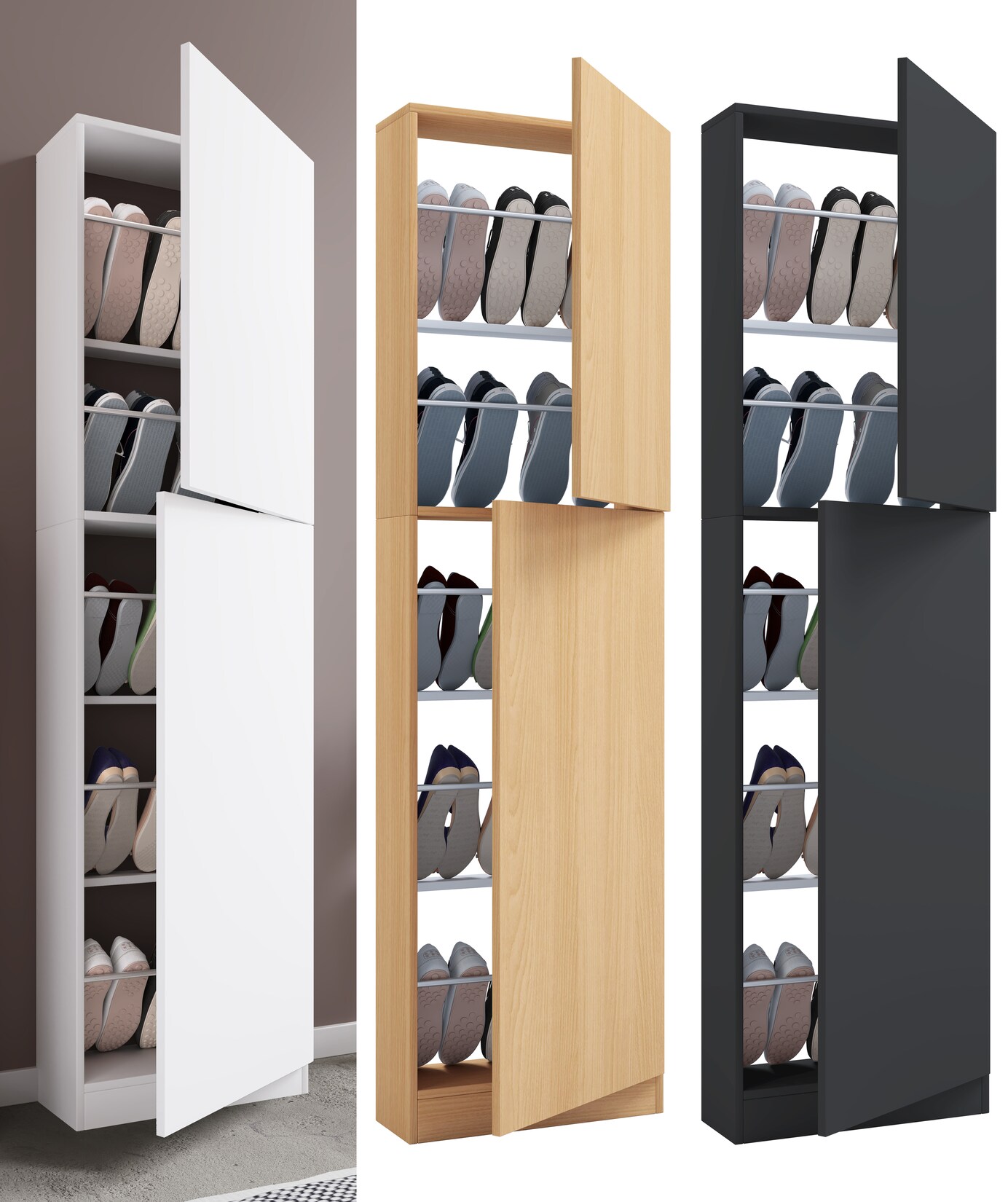 VCM Holz Schuhschrank   Maße: H. 180 x B. 50 x T. 17 cm   2 Drehtüren – Fulisa XL | 04051814426209