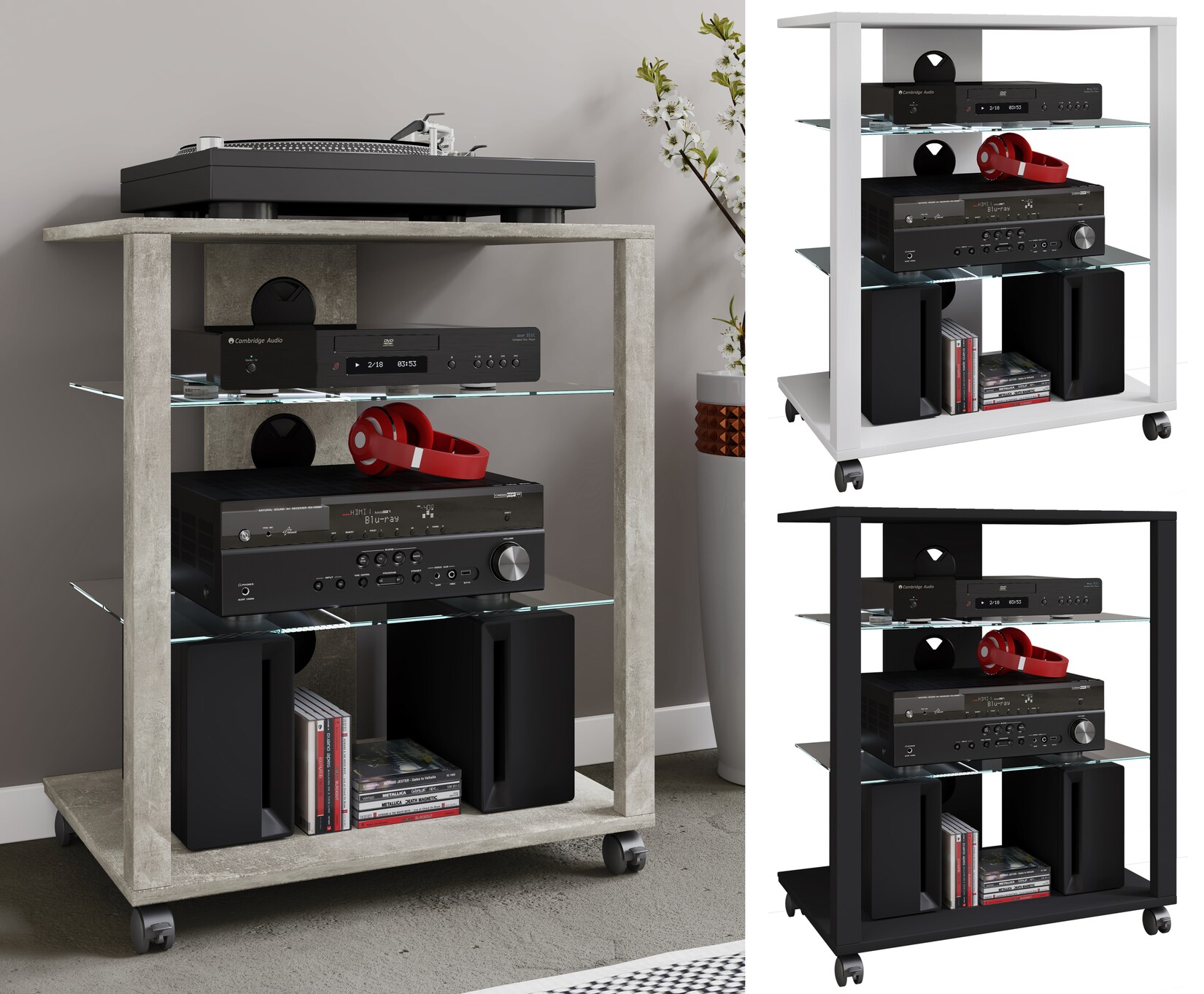 VCM Hifi Holz Möbel Rack Schrank Phono Regal mit Rollen 2 Glasböden Maße: H. 70 x B. 60 x T. 41 cm Phono Mediaregal - Folas