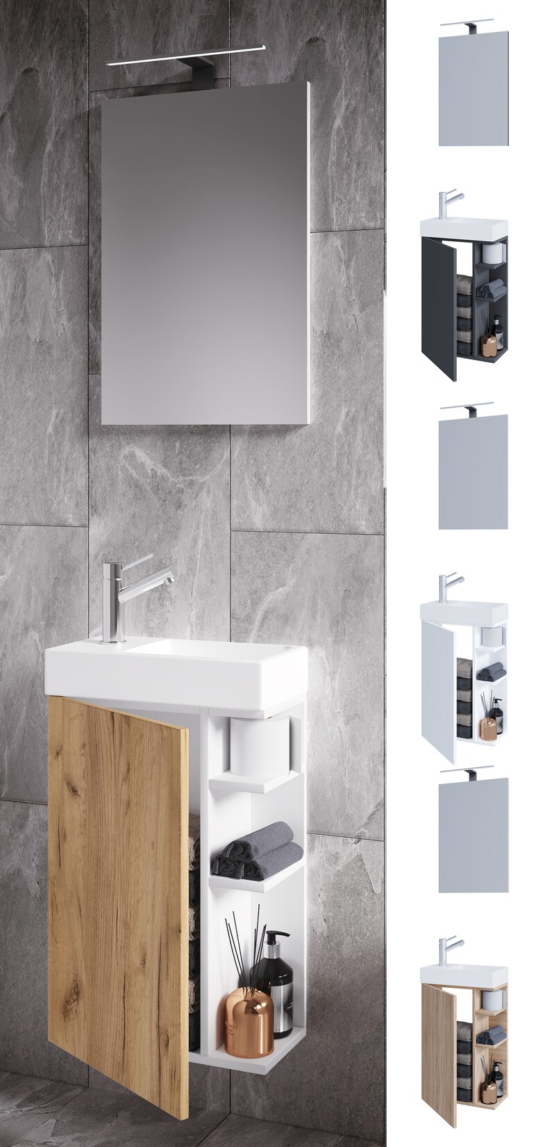 VCM 3-tlg Set Waschplatz für Gäste WC Gästebad Toilette Waschtisch mit Spiegel Badmöbel Badezimmer Set – Lumia