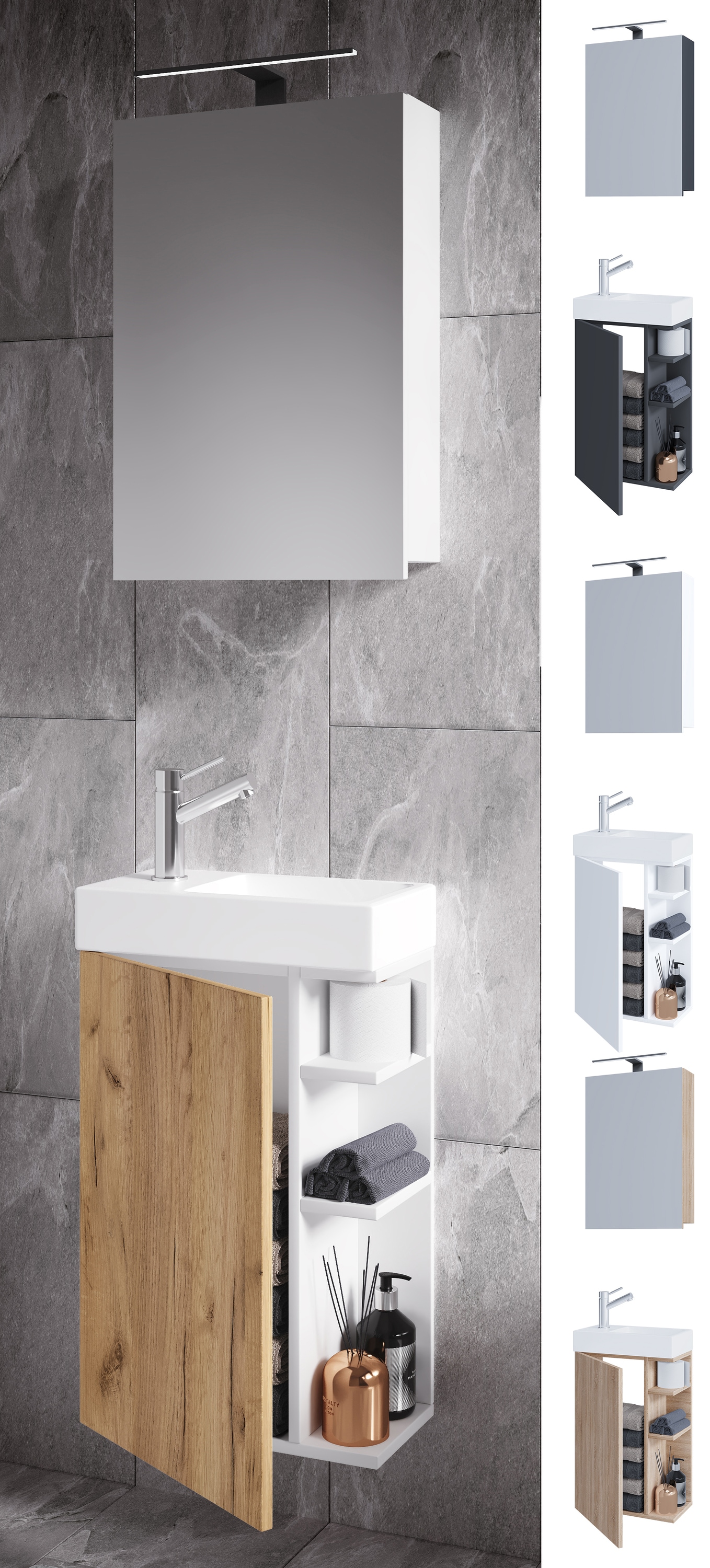 VCM 3-tlg Set | Waschplatz f&uuml;r G&auml;ste WC | G&auml;stebad Toilette | Waschtisch mit Spiegelschrank | Badm&ouml;bel Badezimmer Set &ndash; Lumia - Bild 1