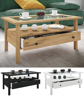 VCM Holz Beistelltisch mit ESG-Sicherheitsglas | Couchtisch schlicht | Maße ca. H. 42 x B. 90 x T. 54 cm | Wohnzimmertisch mit Schublade | Sofatisch - Lingis L - Bild 1