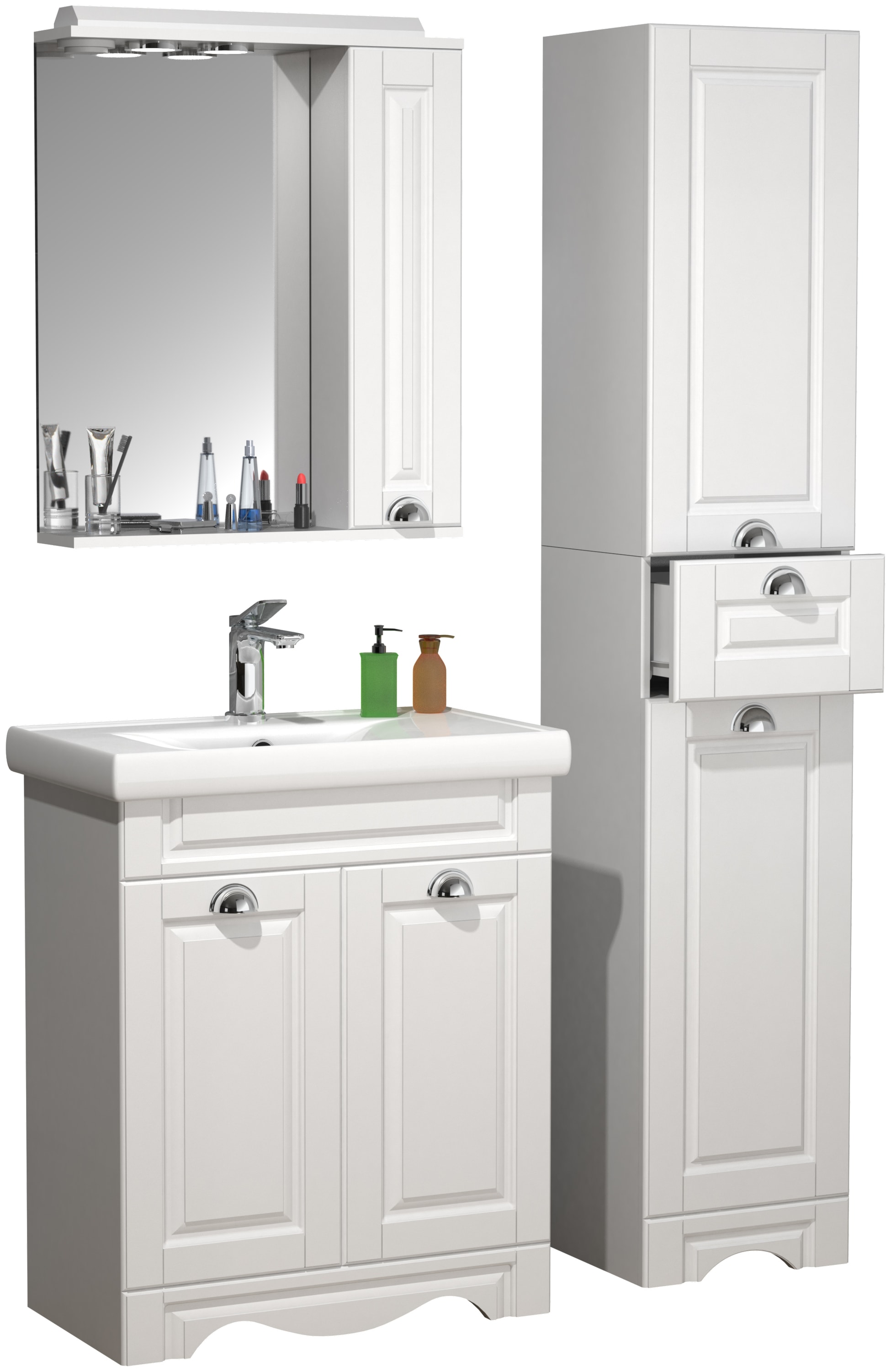 VCM 4-tlg. Waschplatz Waschtisch Breite 60 cm Badm&ouml;bel Set Waschbecken Spiegelschrank Hochschrank Schublade Landhaus Casalo L - Bild 1