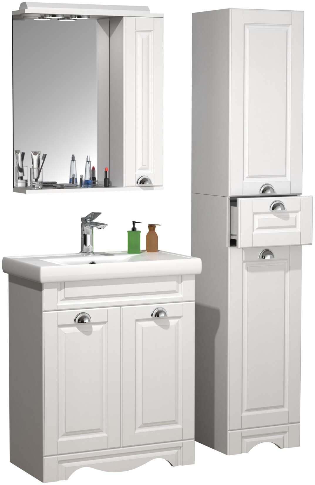 VCM 4-tlg. Waschplatz Waschtisch Breite 60 cm Badmöbel Set Waschbecken Spiegelschrank Hochschrank Schublade Landhaus Casalo L