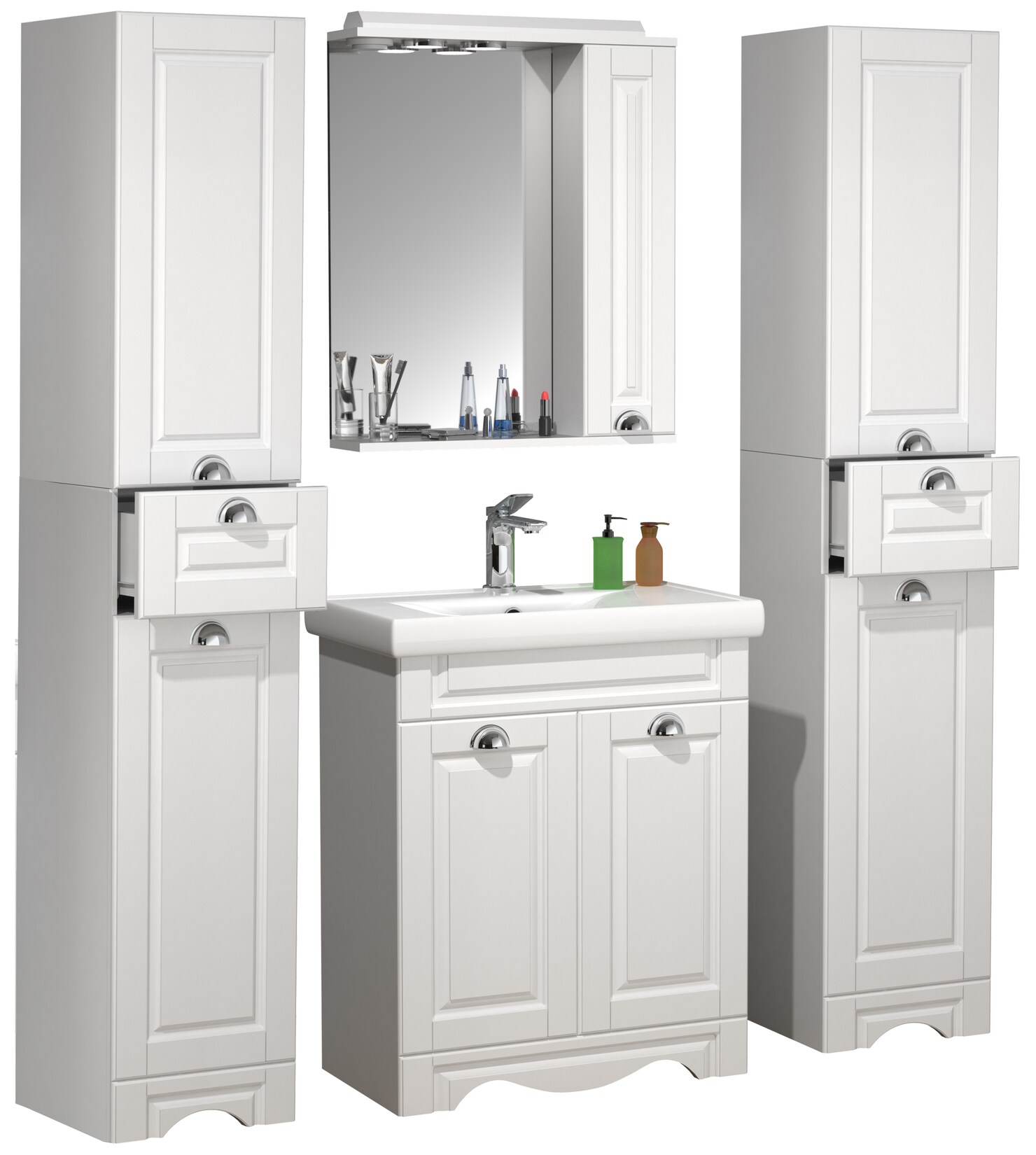 VCM 5-tlg. Waschplatz Waschtisch Breite 60 cm Badmöbel Set Waschbecken Spiegelschrank Hochschrank Landhaus Casalo L
