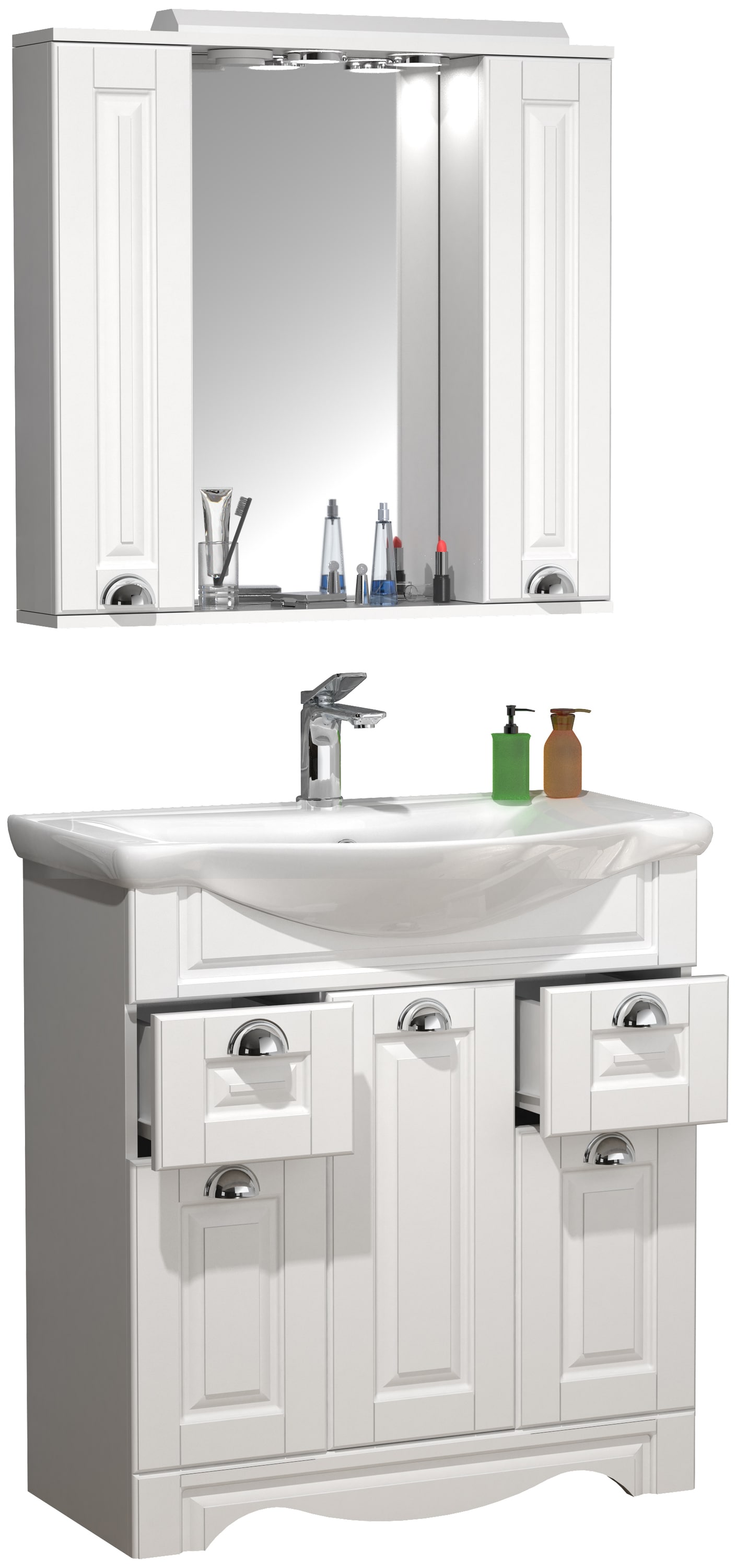 VCM 3-tlg. Waschplatz | Waschtisch Unterschrank 75 cm | Badm&ouml;bel Set mit Waschbecken und Spiegelschrank | praktische Schubladen | Landhaus | Komplettset Casalo XL - Bild 1