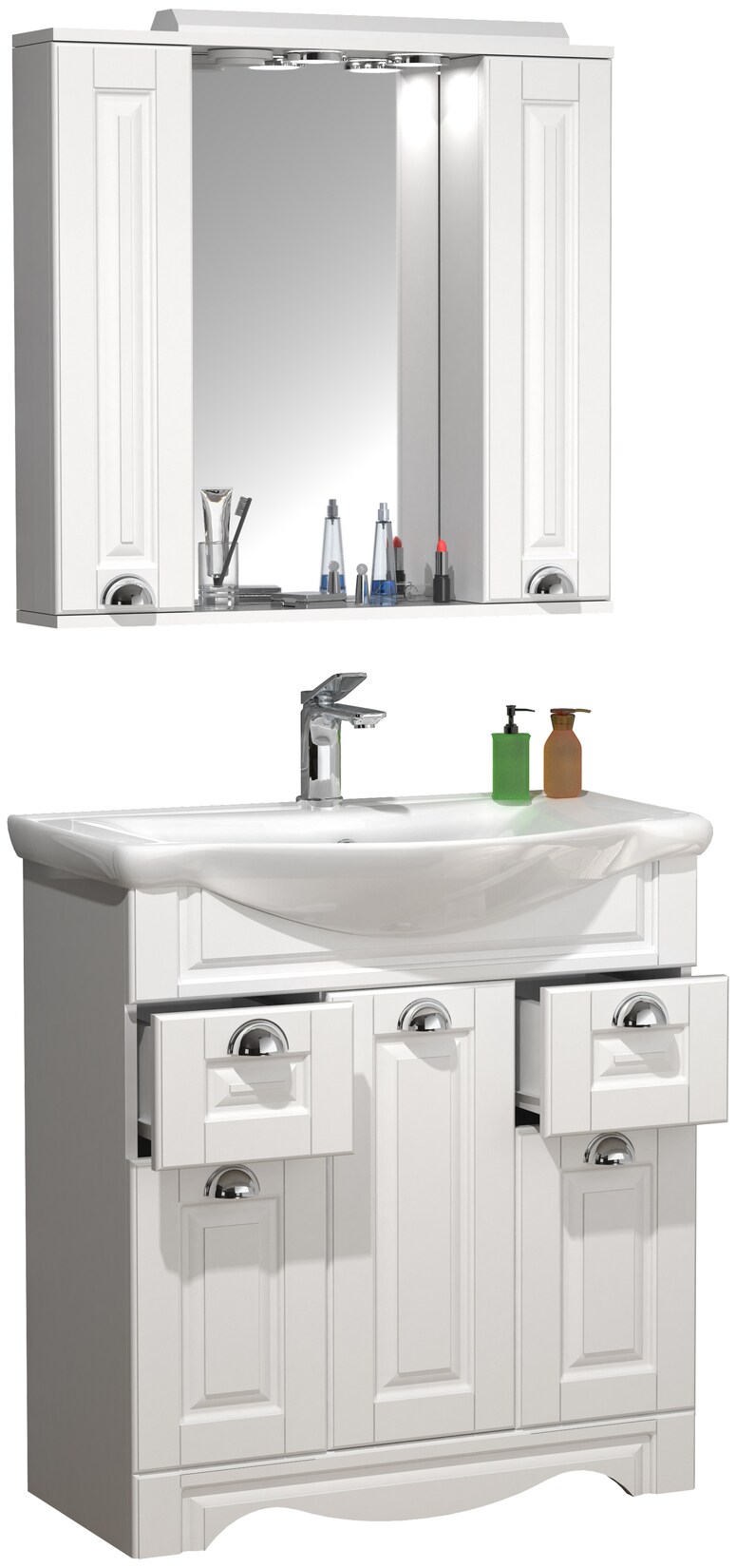 VCM 3-tlg. Waschplatz Waschtisch Unterschrank 75 cm Badmöbel Set mit Waschbecken und Spiegelschrank praktische Schubladen Landhaus Komplettset Casalo XL