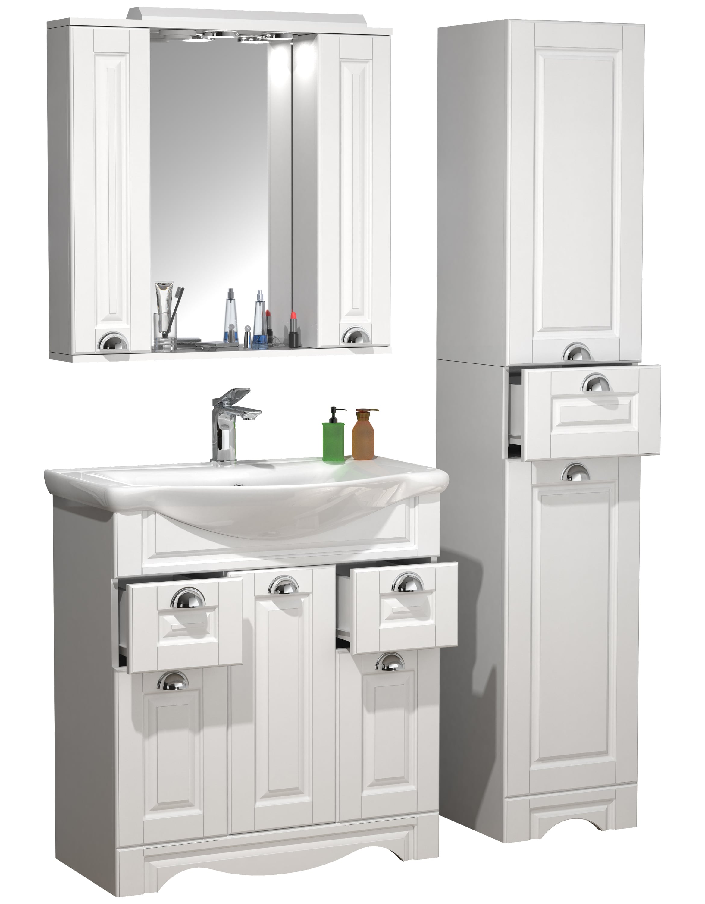 VCM 4-tlg. Waschplatz Waschtisch Breite 75 cm Badm&ouml;bel Set Waschbecken Spiegelschrank Hochschrank Schublade Landhaus Casalo XL - Bild 1