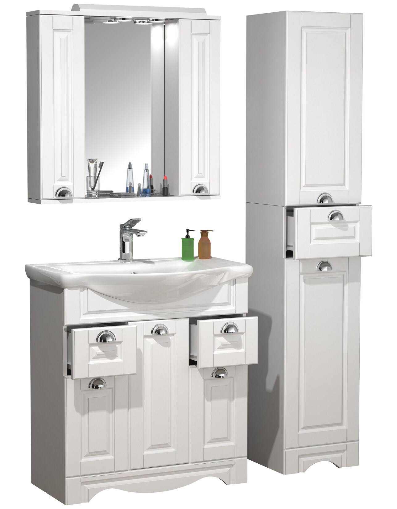 VCM 4-tlg. Waschplatz Waschtisch Breite 75 cm Badmöbel Set Waschbecken Spiegelschrank Hochschrank Schublade Landhaus Casalo XL