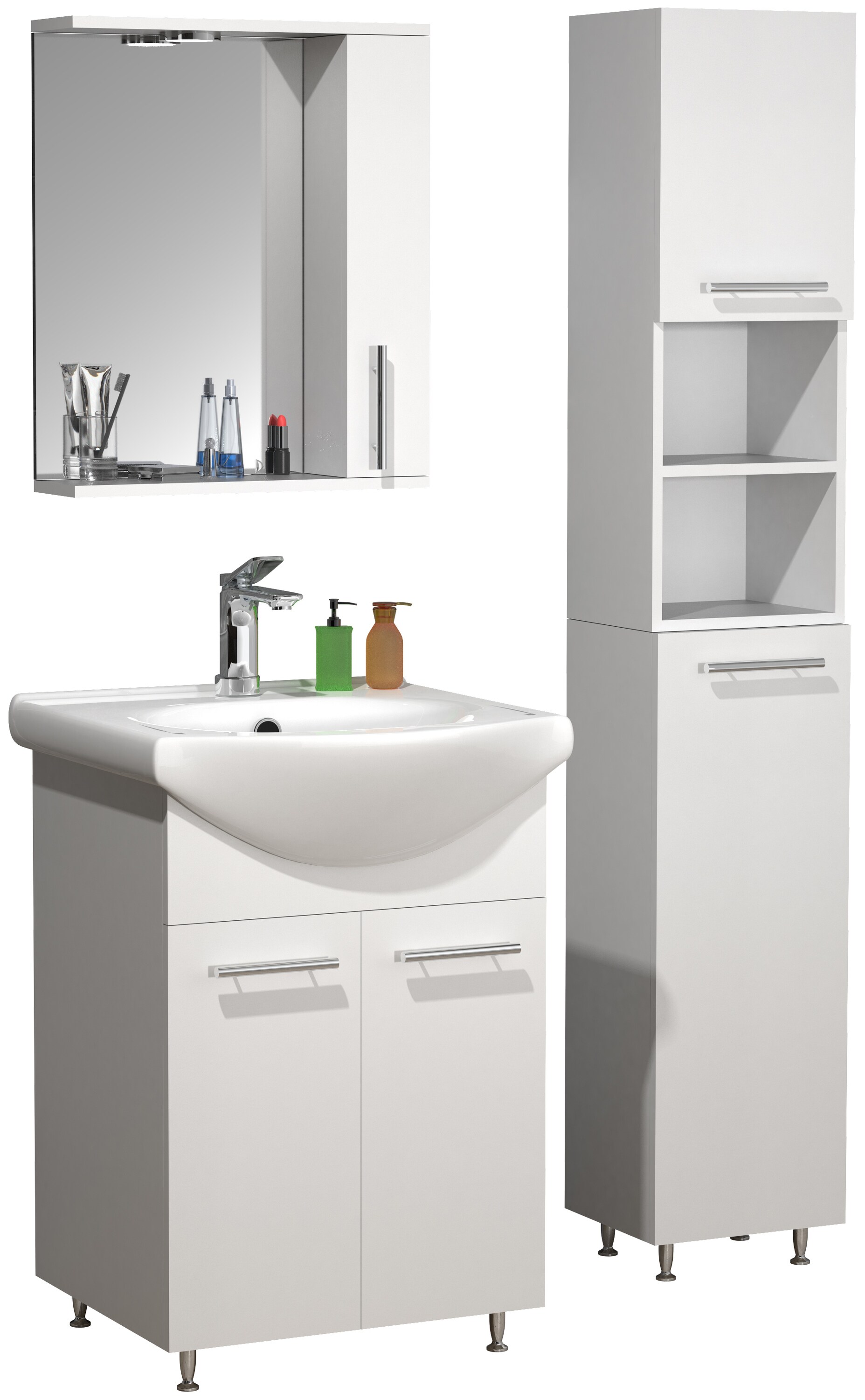 VCM 4-tlg. Waschplatz | Waschtisch Unterschrank 55 cm | Badm&ouml;bel Set mit Waschbecken Spiegeschrank Hochschrank | praktische Dreht&uuml;ren  Komplettset Lisalo M - Bild 1