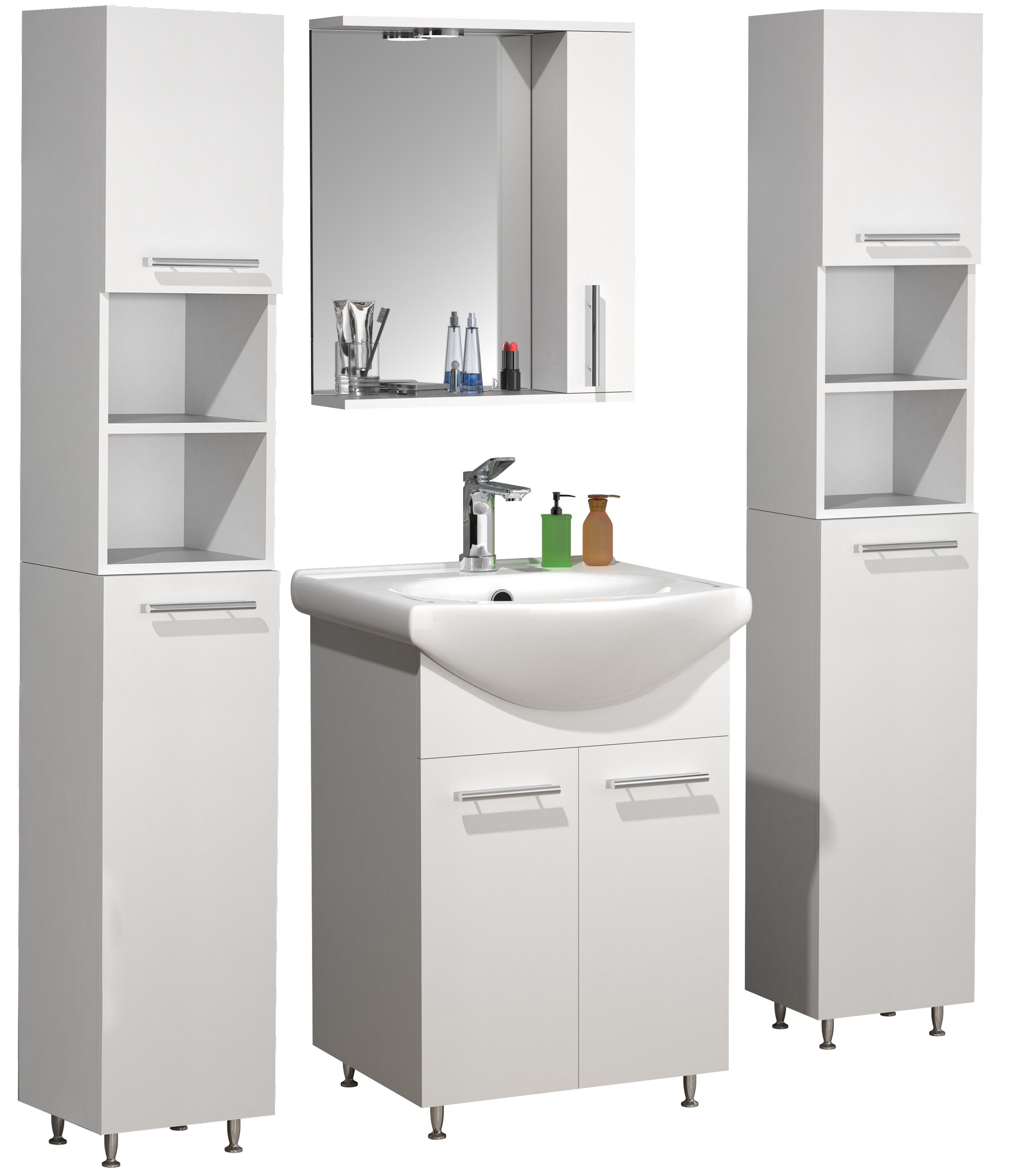 VCM 5-tlg. Waschplatz | Waschtisch Unterschrank 55 cm | Badm&ouml;bel Set mit Waschbecken Spiegeschrank Hochschrank | praktische Dreht&uuml;ren | Komplettset Lisalo M - Bild 1