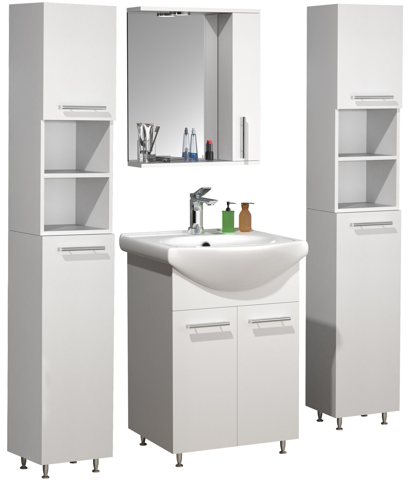 VCM 5-tlg. Waschplatz Waschtisch Unterschrank 55 cm Badmöbel Set mit Waschbecken Spiegeschrank Hochschrank praktische Drehtüren Komplettset Lisalo M