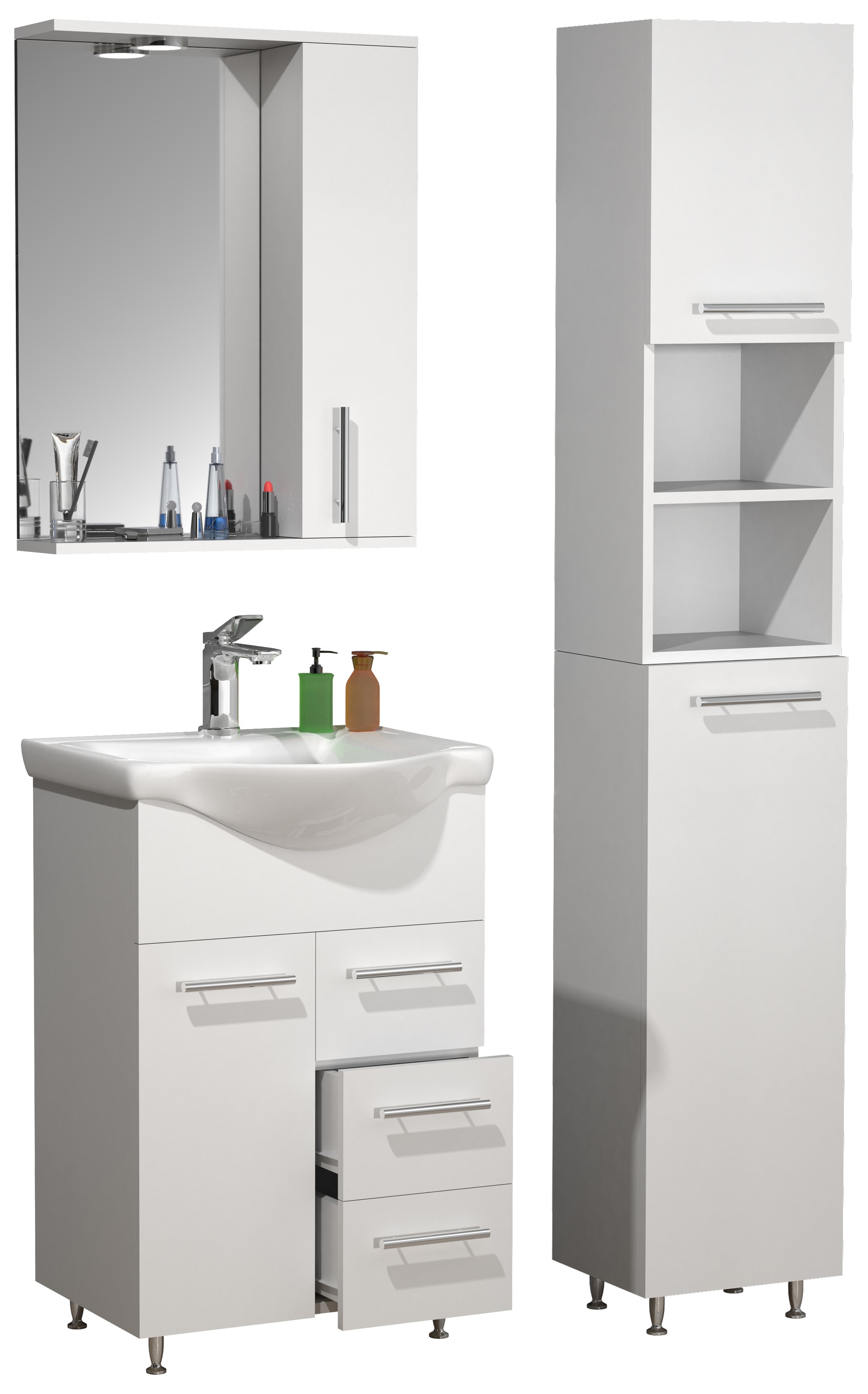 VCM 4-tlg. Waschplatz | Waschtisch Unterschrank 55 cm | Badm&ouml;bel Set mit Waschbecken Hochschrank Spiegelschrank | Schublade | Komplettset Lisalo L - Bild 1