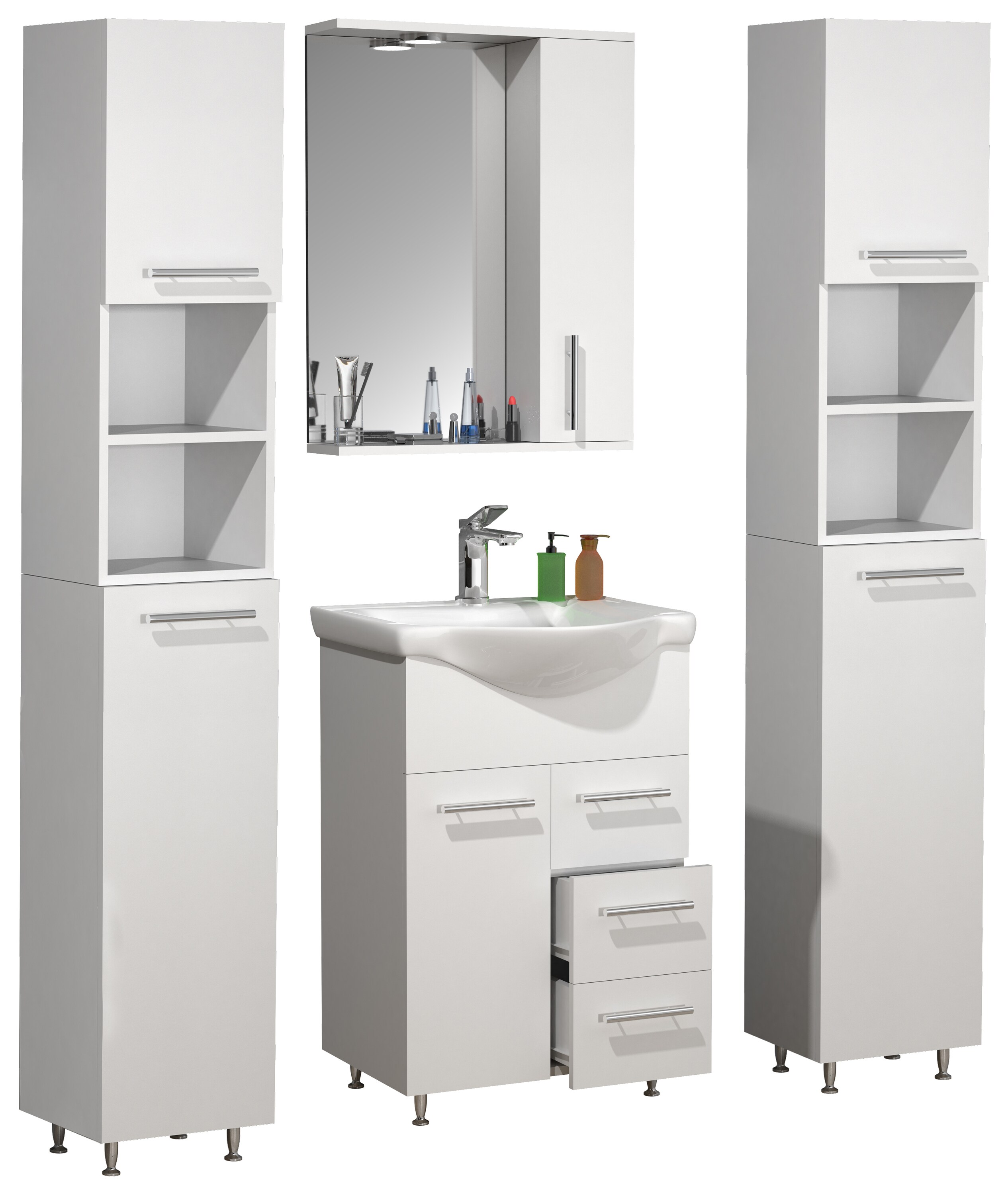 VCM 5-tlg. Waschplatz | Waschtisch Unterschrank 55 cm | Badm&ouml;bel Set mit Waschbecken, 2x Hochschrank, Spiegelschrank | praktische Schubladen und Dreht&uuml;ren | Komplettset Lisalo L - Bild 1