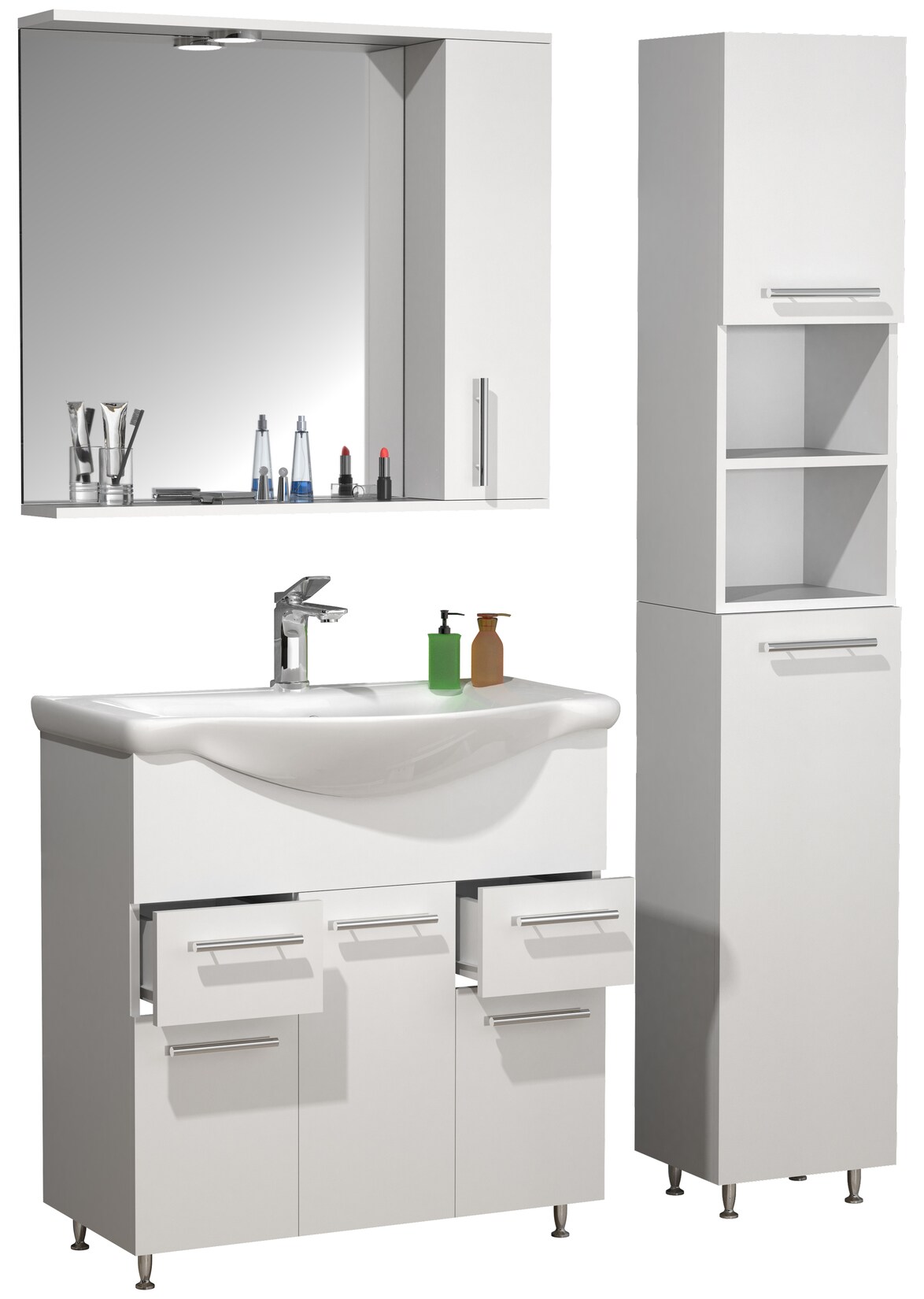 VCM 4-tlg. Waschplatz Waschtisch Badmöbel Unterschrank 75 cm Set mit Waschbecken Spiegelschrank Hochschrank Schubladen und Drehtüren Komplett Lisalo XL