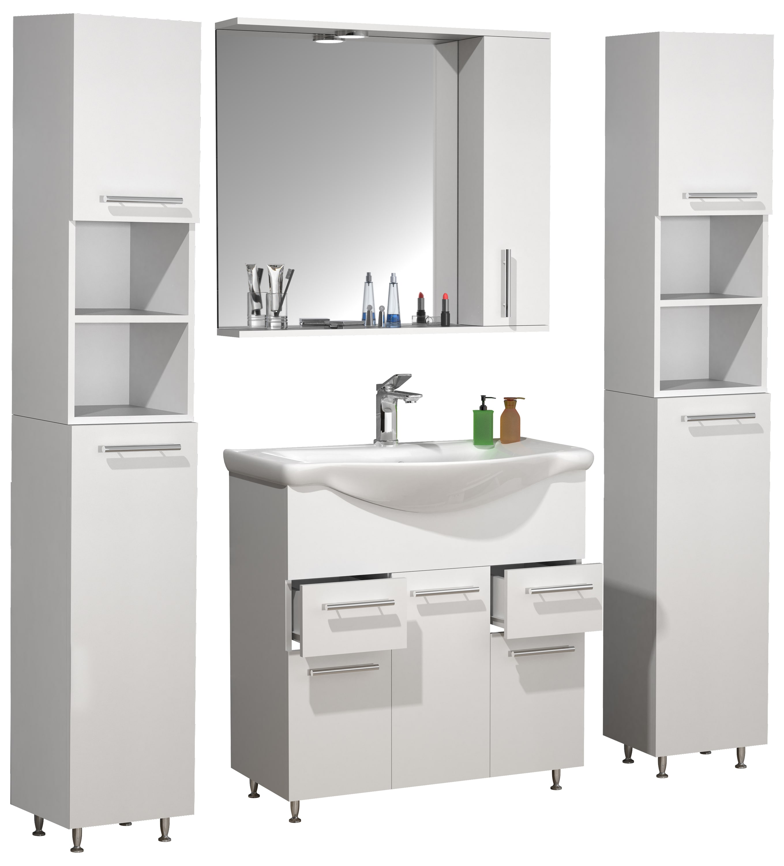 VCM 5-tlg. Waschplatz | Waschtisch Unterschrank 75 cm | Badm&ouml;bel Set mit Waschbecken, Spiegelschrank, 2x Hochschrank | praktische Schubladen Dreht&uuml;ren | Komplettset Lisalo XL - Bild 1