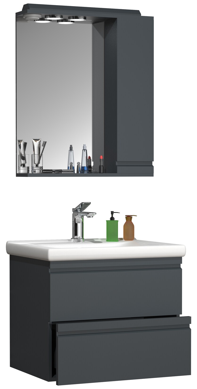 VCM 3-tlg. Waschplatz Waschtisch Unterschrank 60 cm Badmöbel Set mit Keramik Waschbecken grifflose Schubladen Spiegelschrank Komplettset Silora L