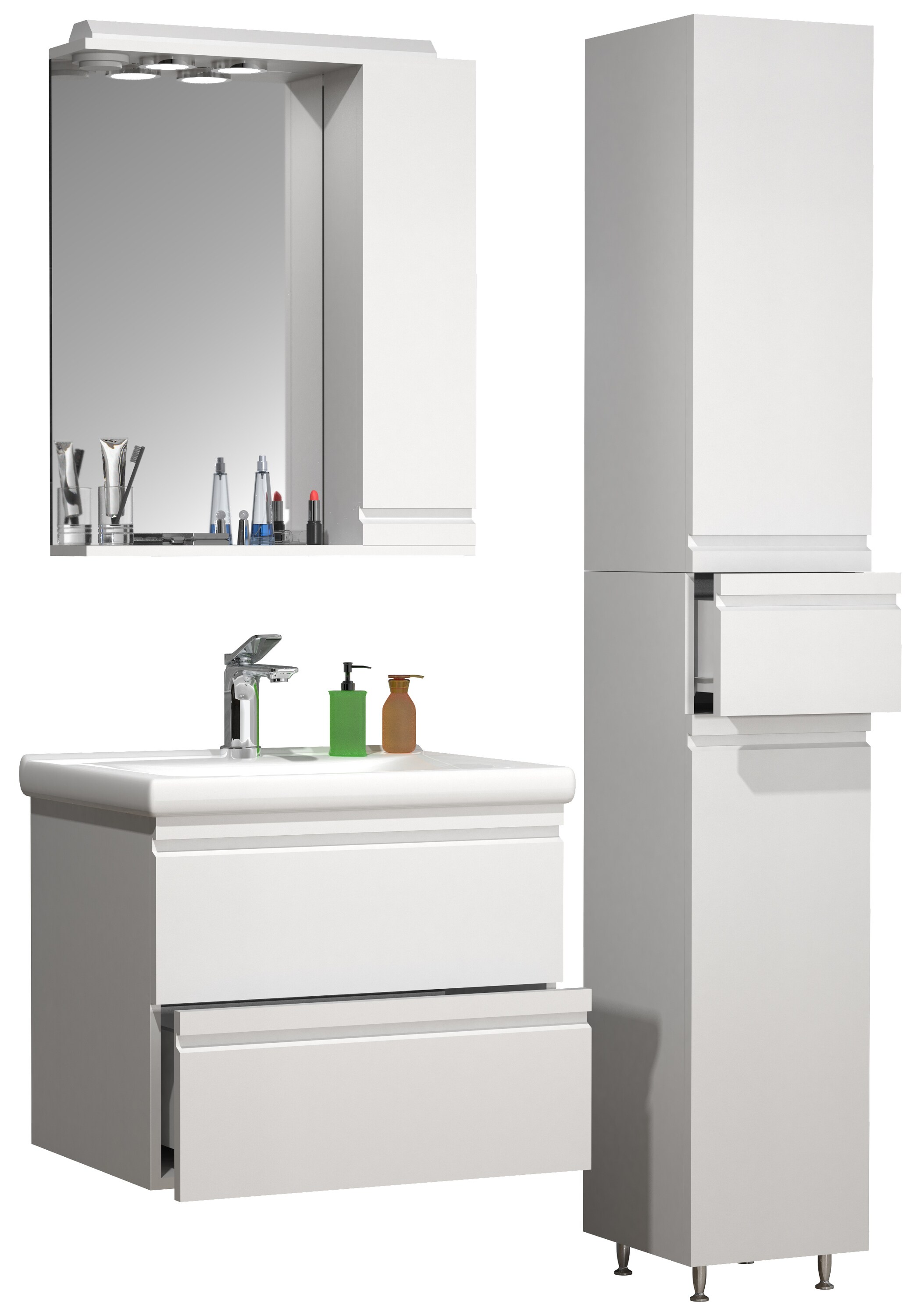 VCM 4-tlg. Waschplatz Waschtisch 60 cm Badm&ouml;bel Set Waschbecken grifflose Schublade Spiegelschrank Hochschrank Silora L - Bild 1